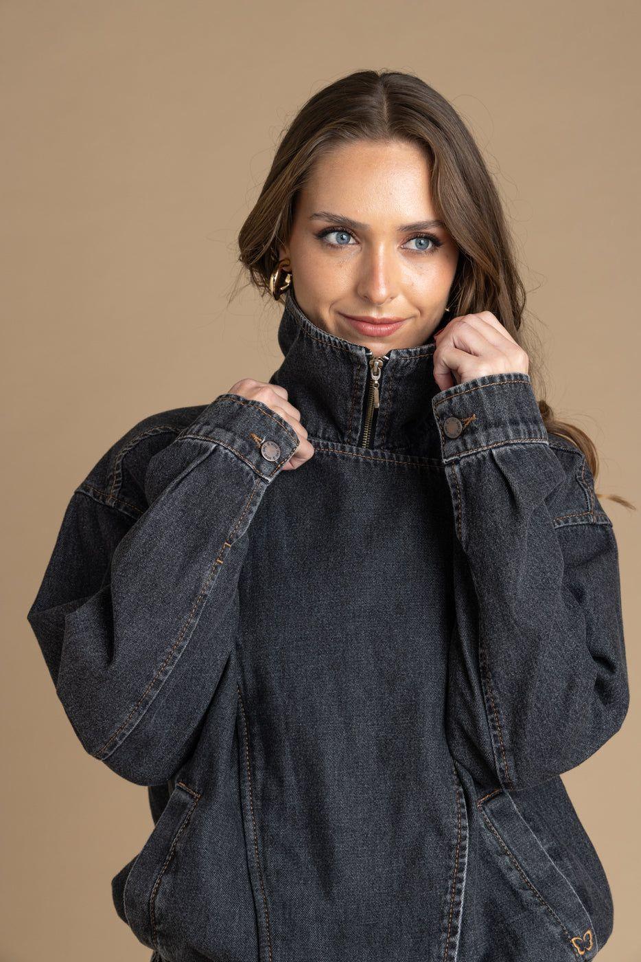 Chaqueta Laniz Oversize Cuello Funnel Pretina Elasticada Negro Efesis-5