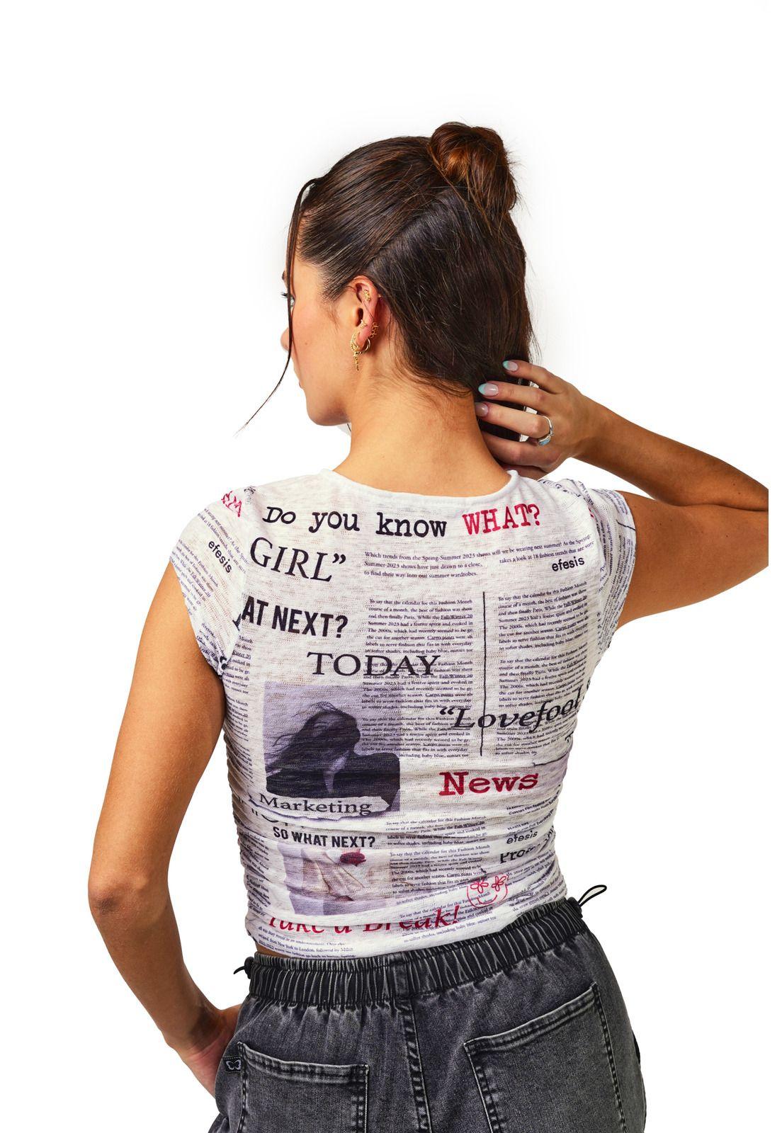 Polera Kacey Regular Print y Recogido Costados Blanco Efesis-2