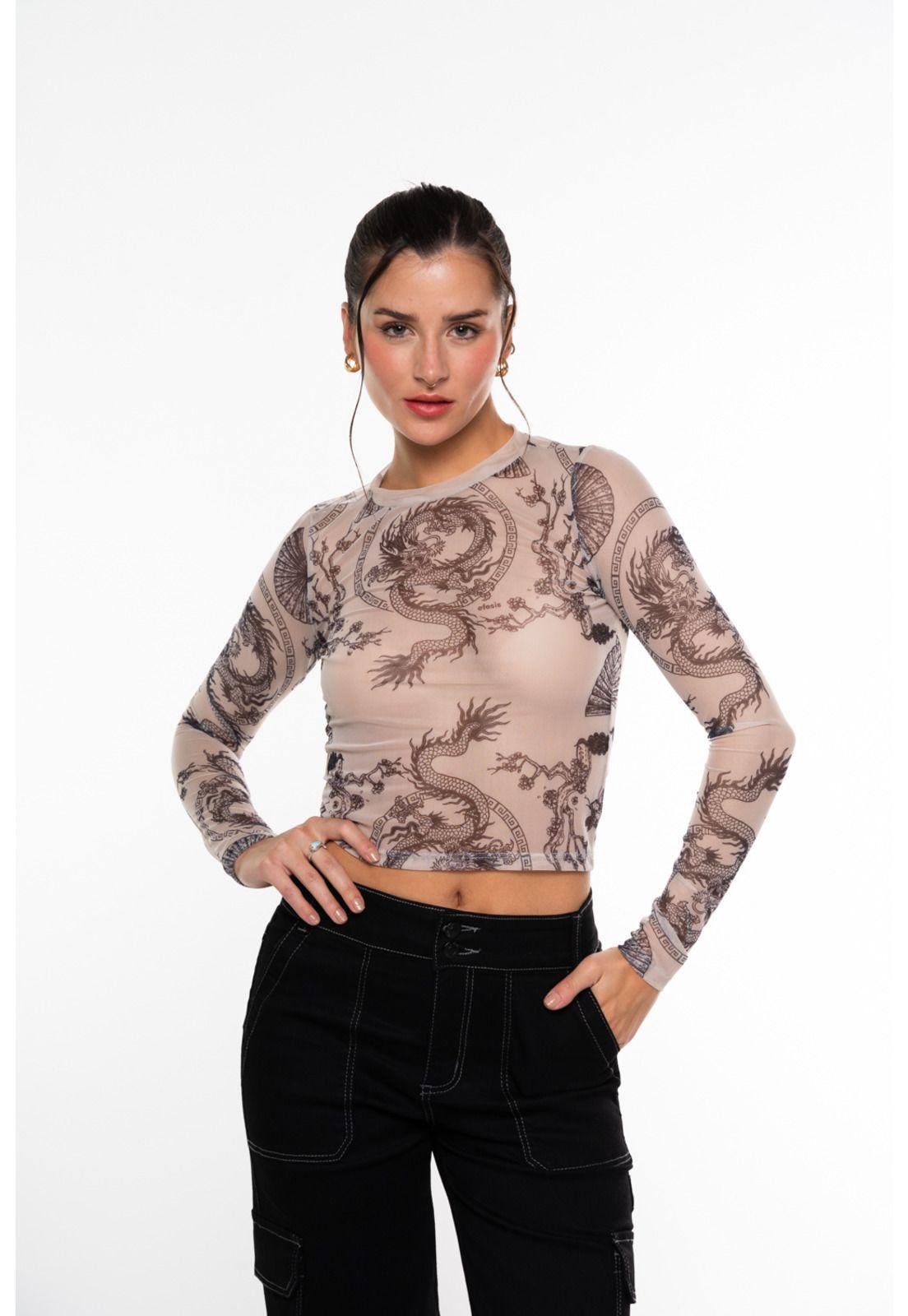 Polera Mali Crop Malla Estampada Beige Efesis-0