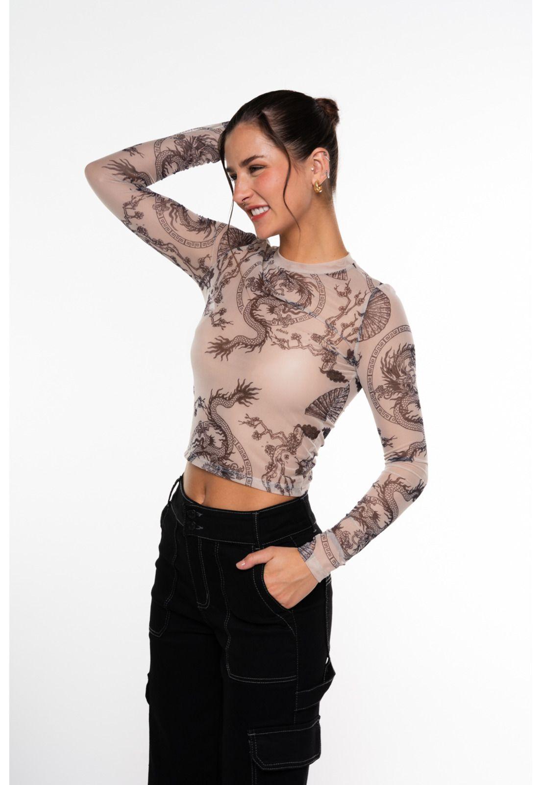 Polera Mali Crop Malla Estampada Beige Efesis-1