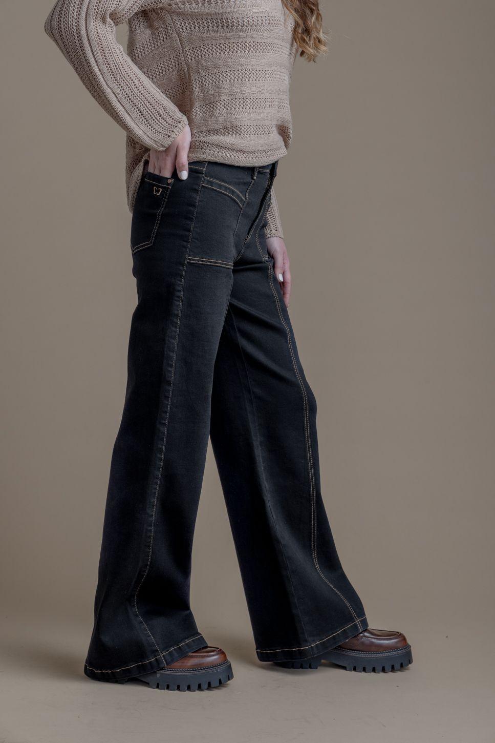 JEANS PIRAGI PALAZZO HILO CONTRATONO Y BOLSILLO INCRUSTADO NEGRO EFESIS-5