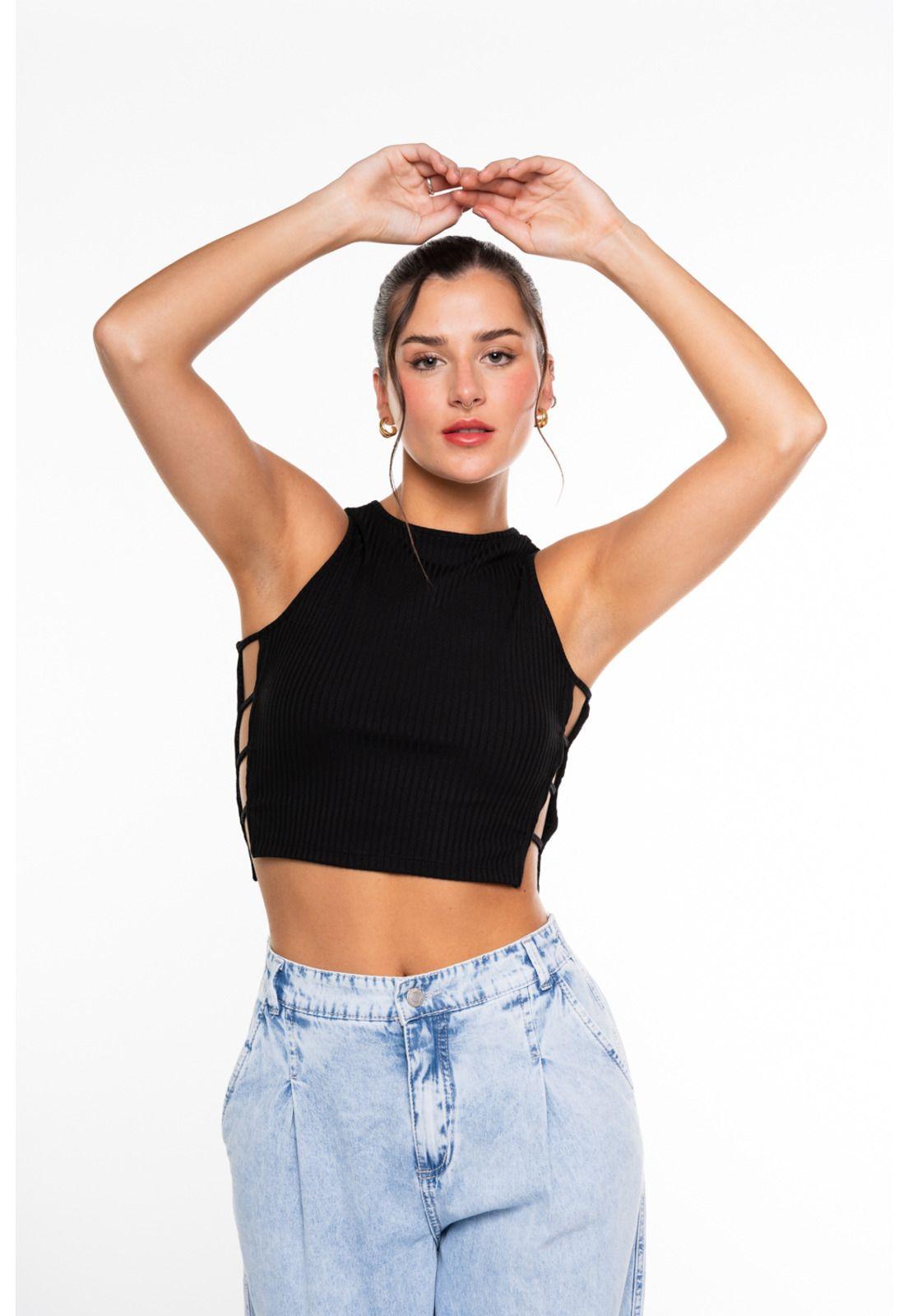 Polera Vitoria Crop Pabilos en Costados Negro Efesis-0