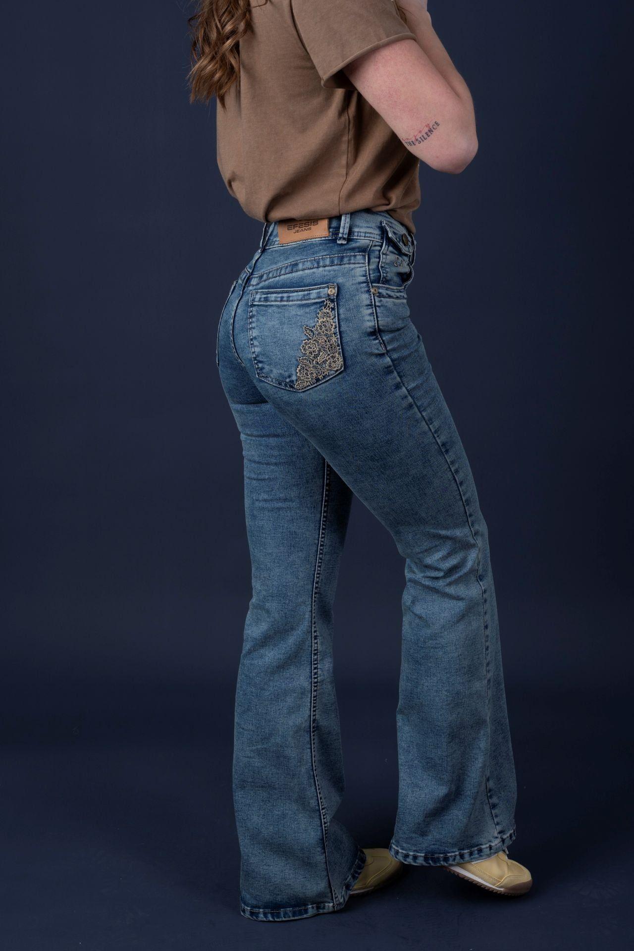 Jeans Lucas Flare Sobreteñido y Bordado Encaje Azul Efesis-2