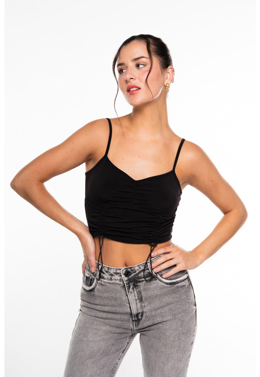 Polera Anisa Crop Pabilos Recogido Delantero Negro Efesis-0