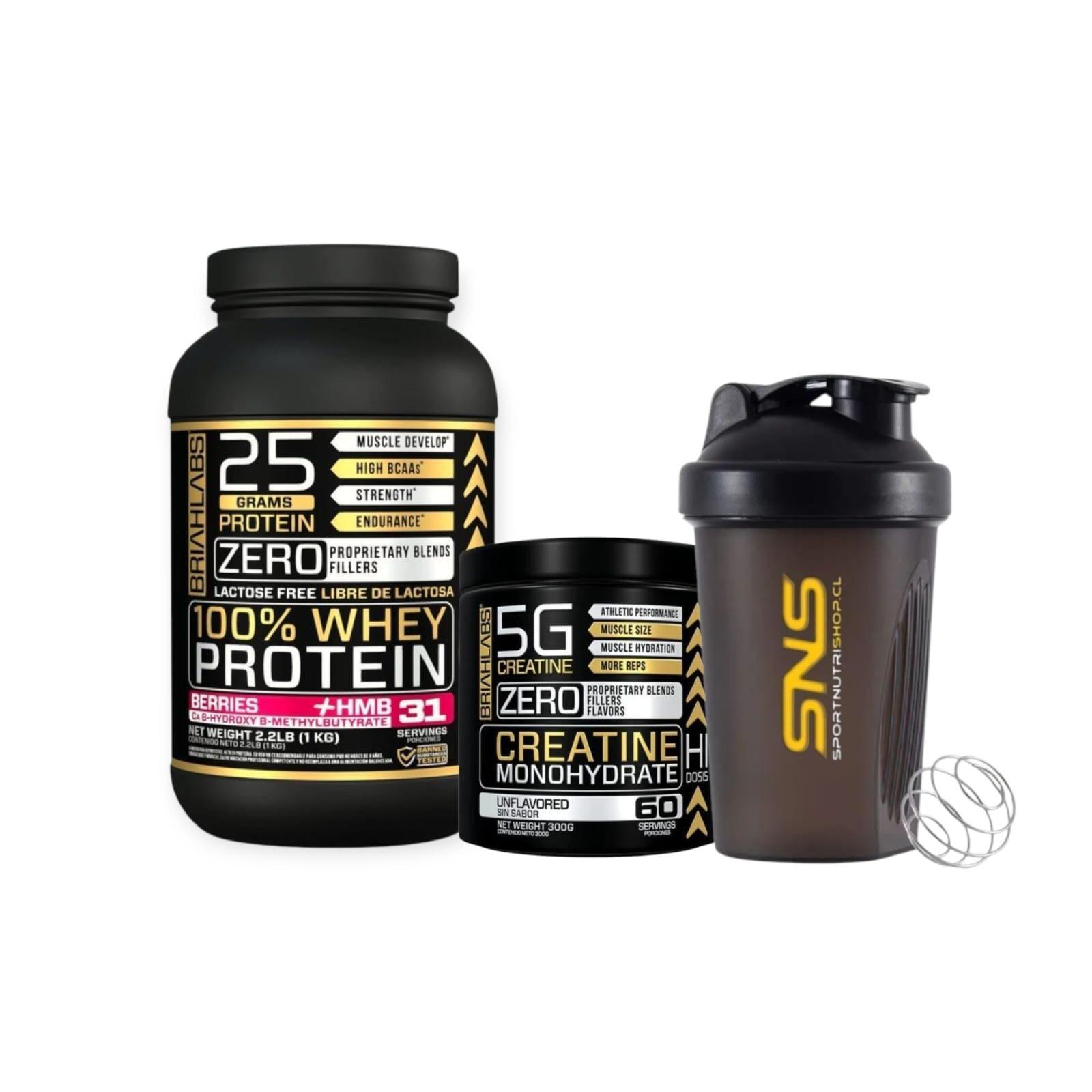 PACK PROTEINA WHEY 1KG + CREATINA 60SV + SHAKER - BRIAHLABS SABOR BERRIES-0