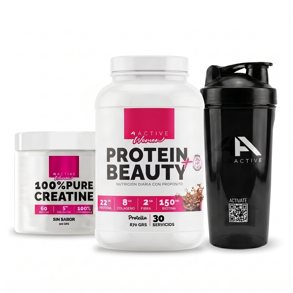PACK PROTEINA BEAUTY PROTELLA 870GR+ CREATINA 300GR SIN SABOR + SHAKER -4ACTIVE-0