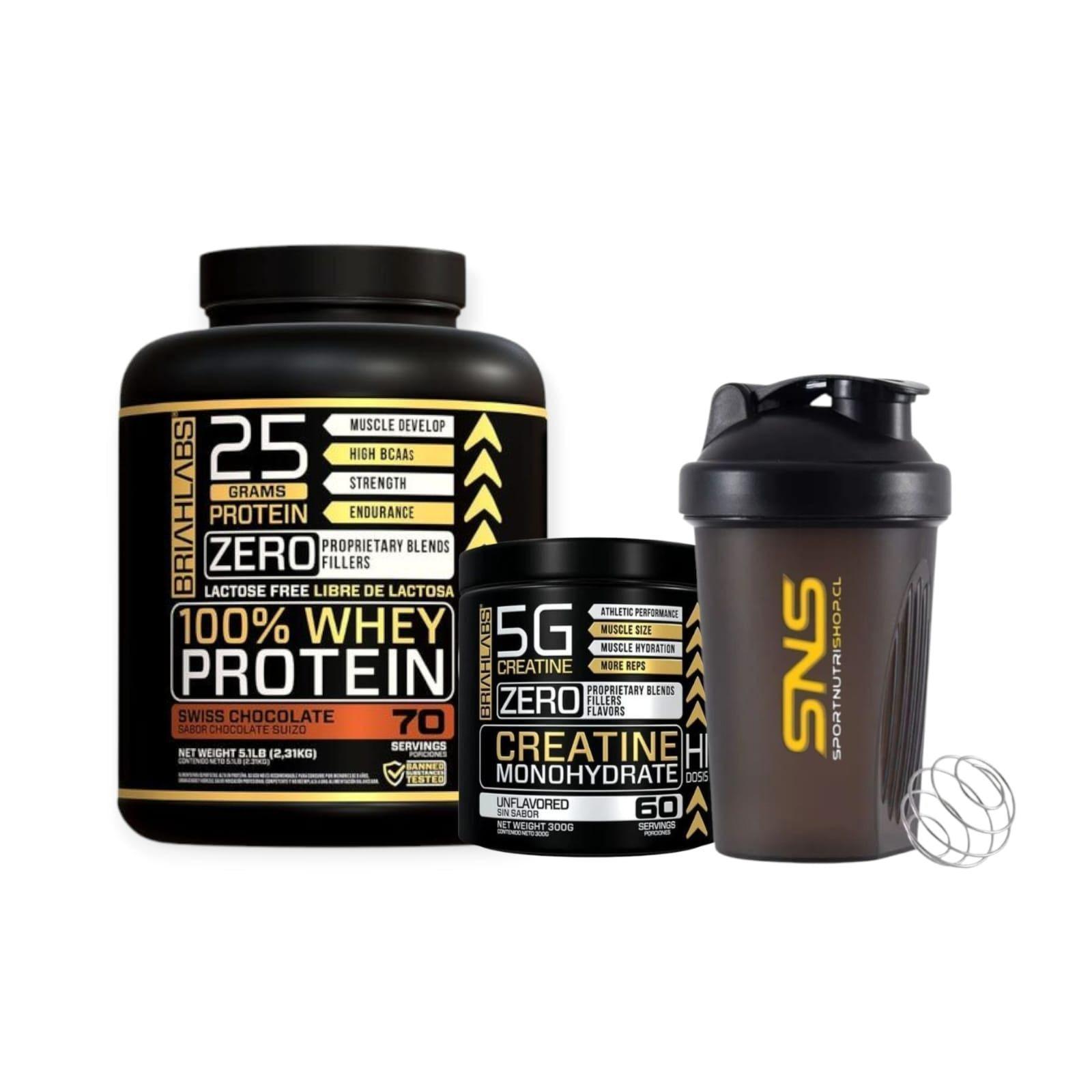 PACK PROTEINA 100% WHEY PROTEIN 5LBS CHOCOLATE + CREATINA 60SV + SHAKER - BRIAHLABS-0