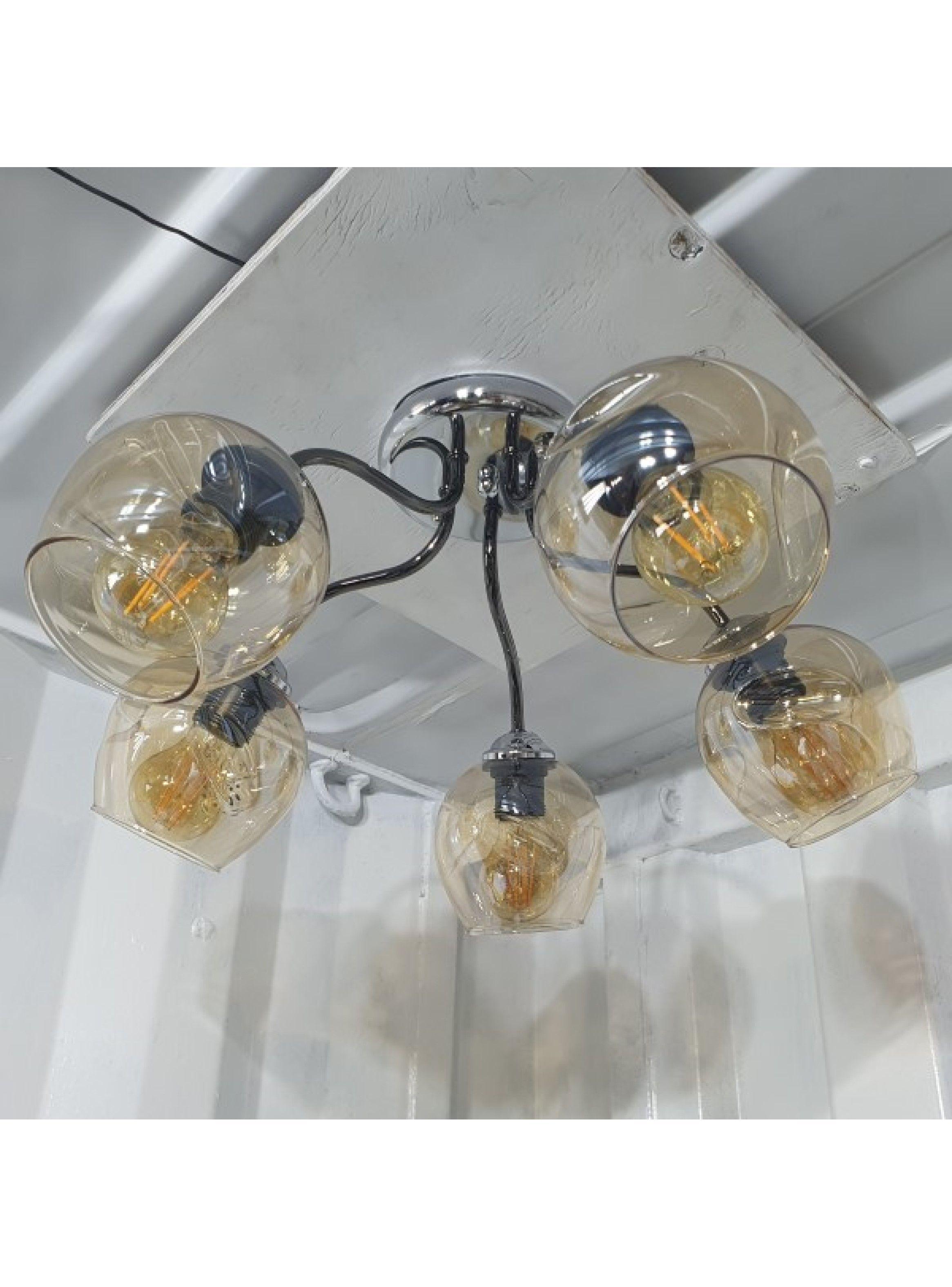 Lampara De Techo Metalica Cromo Oscuro 5 Tulipas Ambar -2