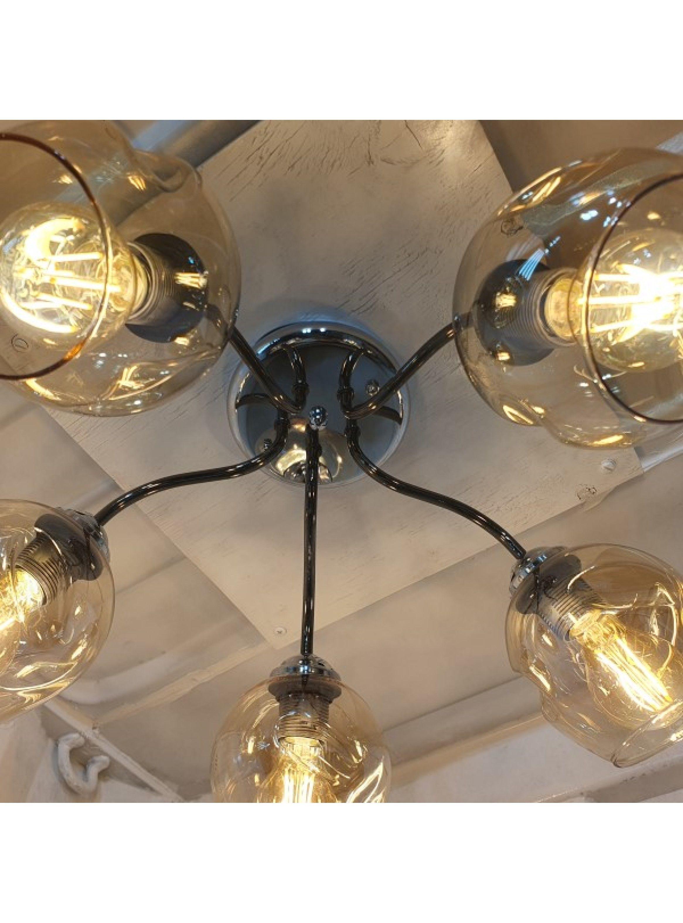 Lampara De Techo Metalica Cromo Oscuro 5 Tulipas Ambar -3