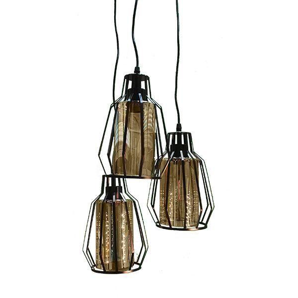 Lampara Colgante Metal Negro 3 Tulipas Vidrio Ambar soquetes E27 -0
