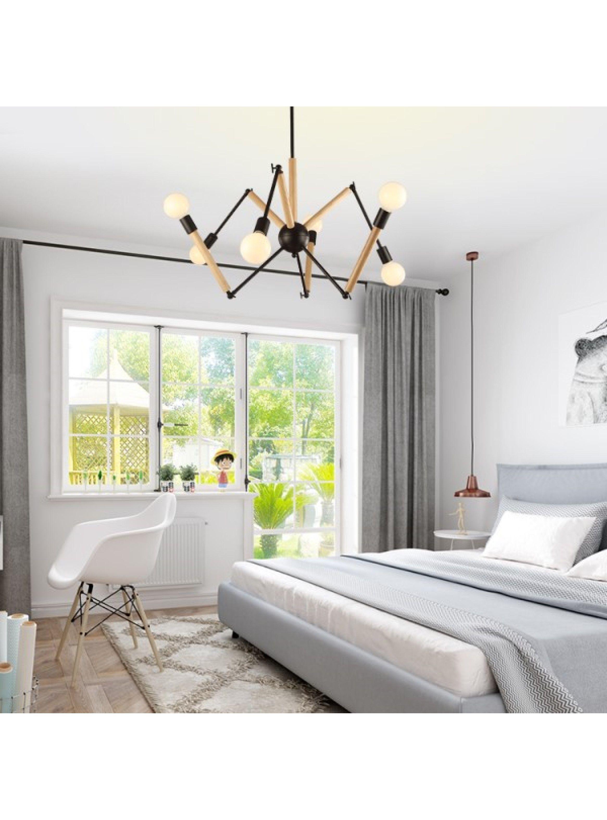 Lampara De Techo Metal Madera 6 Soquetes Articulable -2