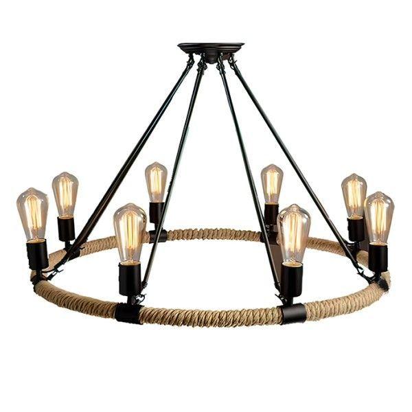 Lampara Colgante Metal Cañamo Candelabro 8 Soquetes Rustica -0