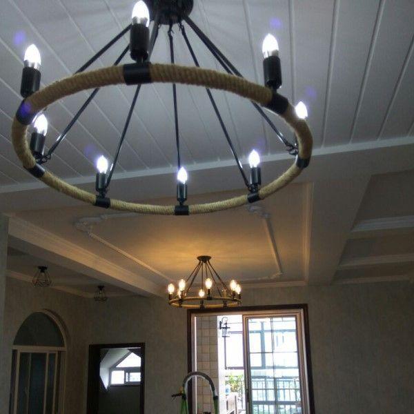 Lampara Colgante Metal Cañamo Candelabro 8 Soquetes Rustica -2