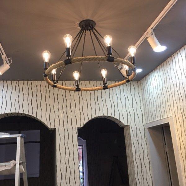 Lampara Colgante Metal Cañamo Candelabro 8 Soquetes Rustica -3