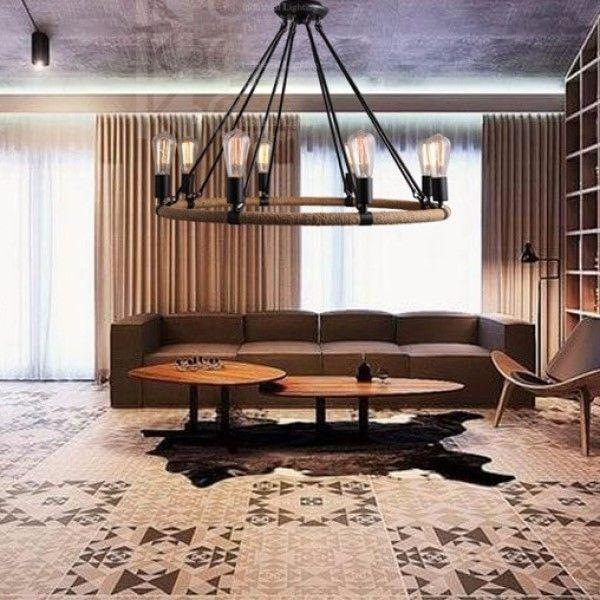 Lampara Colgante Metal Cañamo Candelabro 8 Soquetes Rustica -4