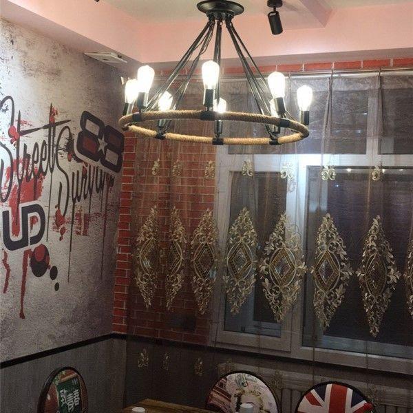 Lampara Colgante Metal Cañamo Candelabro 8 Soquetes Rustica -5