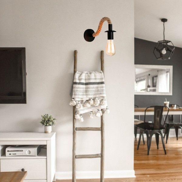 Aplique Pared Cañamo Metal Rustico Vintage Soquete E27 Negro -2