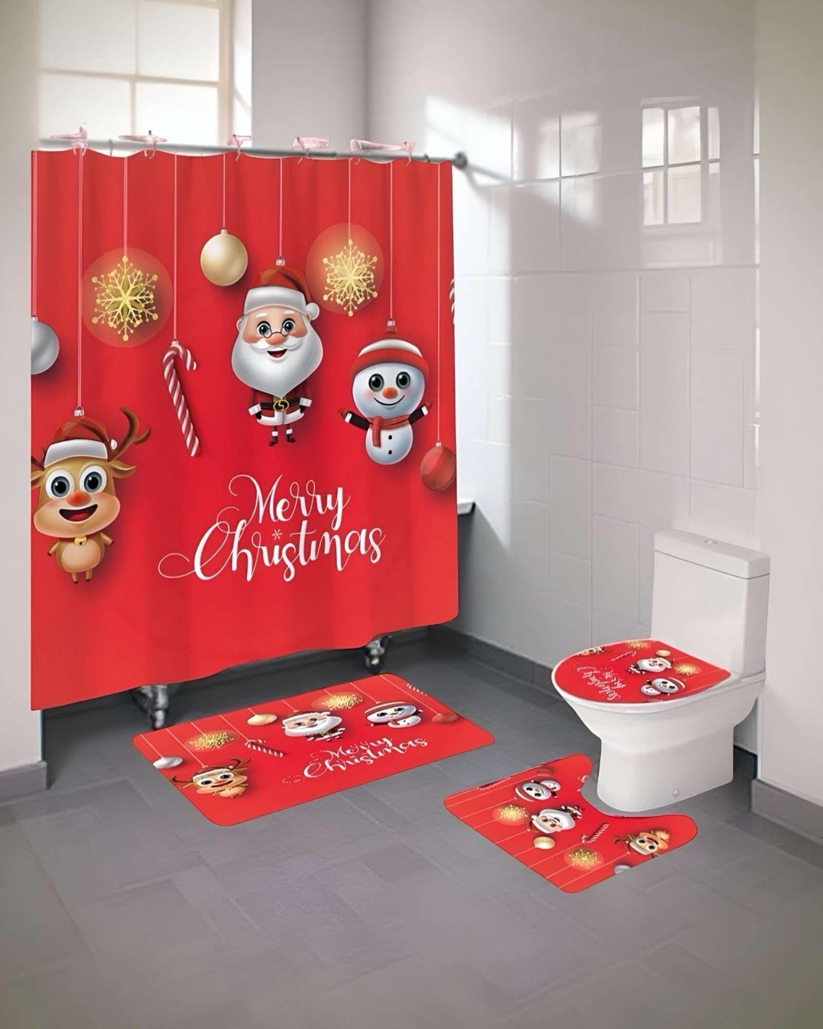 SET 4 PIEZAS CORTINA DE BAÑO Y ALFOMBRAS DISEÑO NAVIDEÑO TF06-2