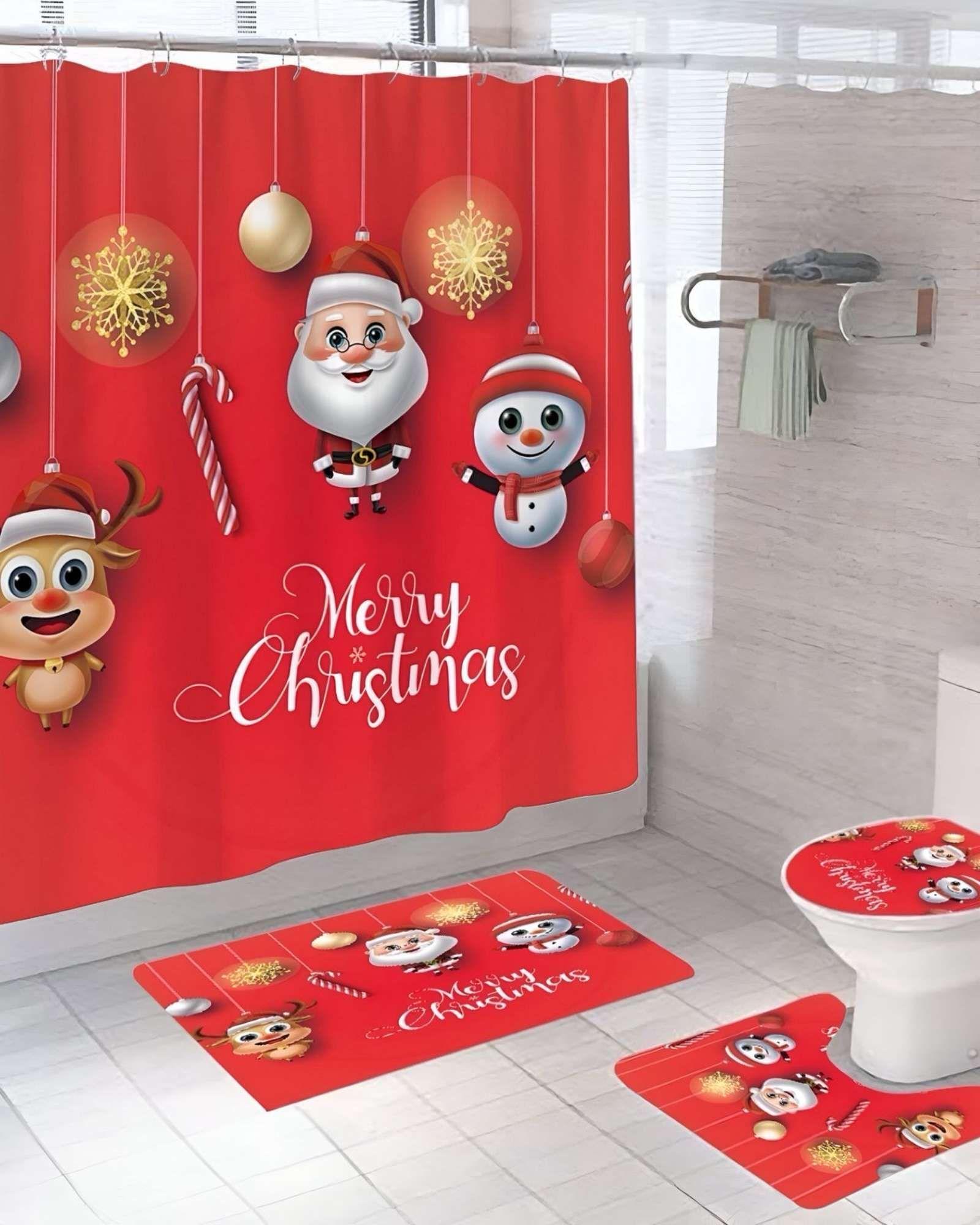 SET 4 PIEZAS CORTINA DE BAÑO Y ALFOMBRAS DISEÑO NAVIDEÑO TF06-3