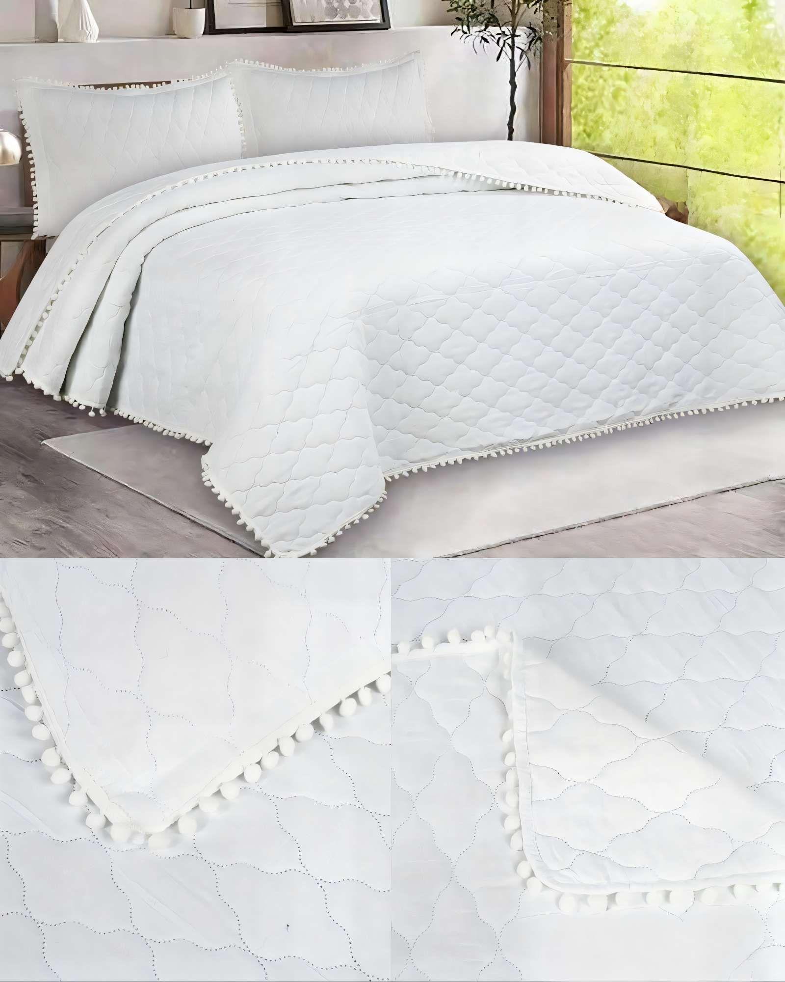 CUBRECAMA CON DETALLES DE POMPONES KING COLOR BLANCO-3