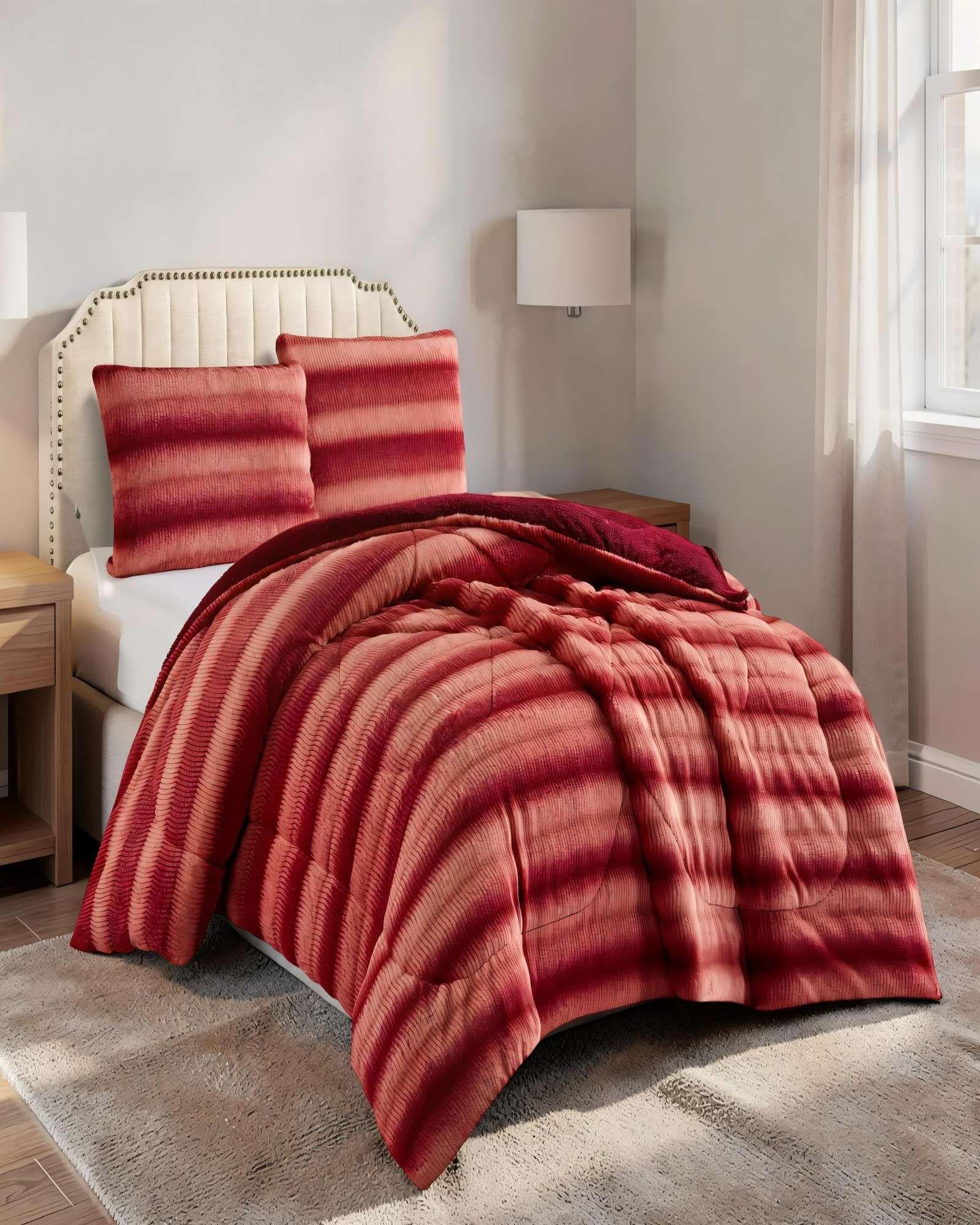 COBERTOR IMITACION DE PIEL DE CONEJO CON DISEÑO 2PLAZA COLOR ROJO-2