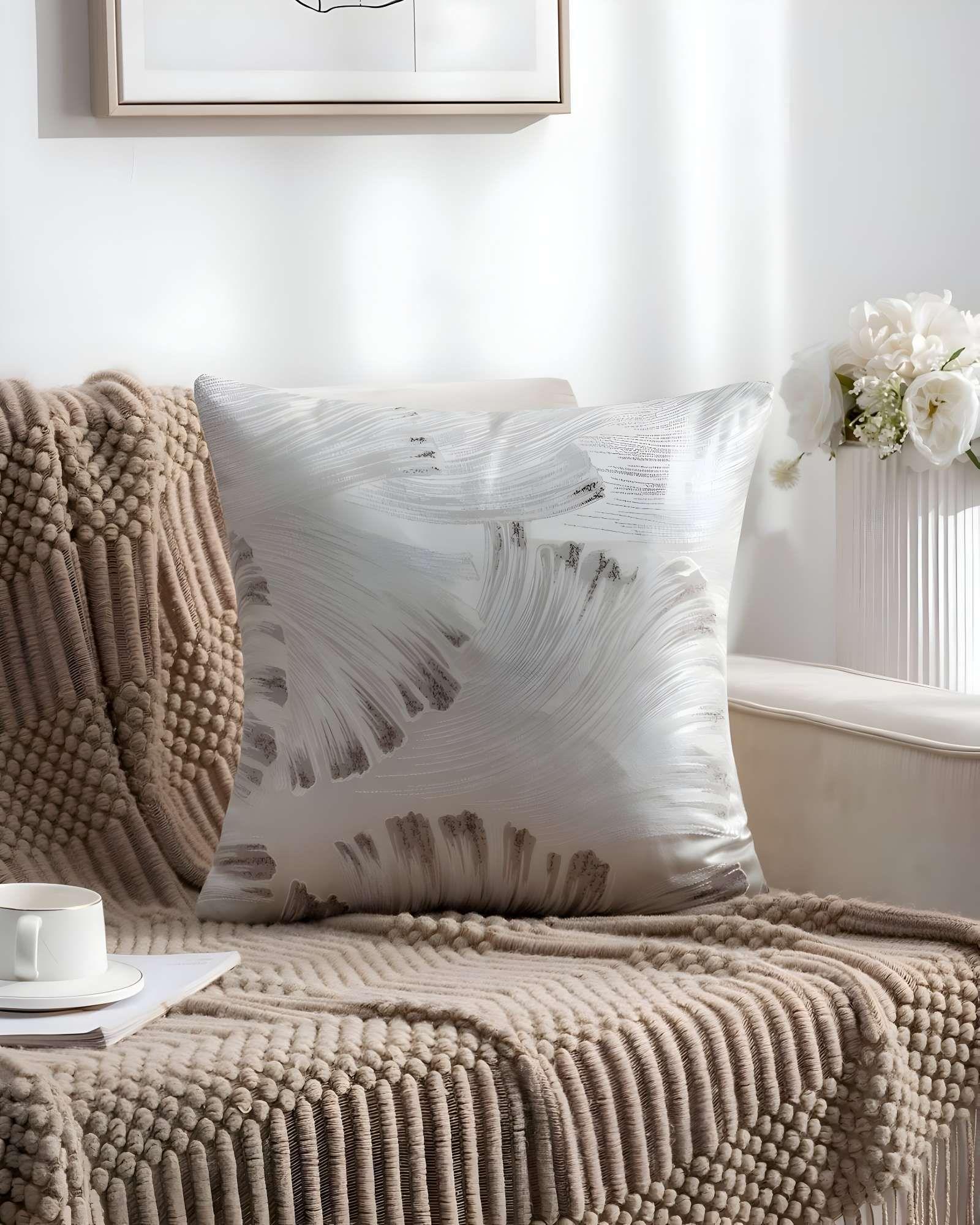 PACK DE 2 FUNDAS DE COJINES SATIN DISEÑO HOJAS 45CM X 45 CM BLANCO-3