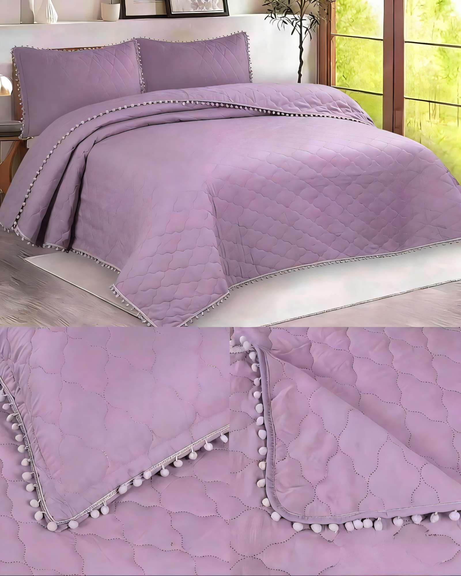 CUBRECAMA CON DETALLES DE POMPONES 2 PLAZAS COLOR MORADO-3