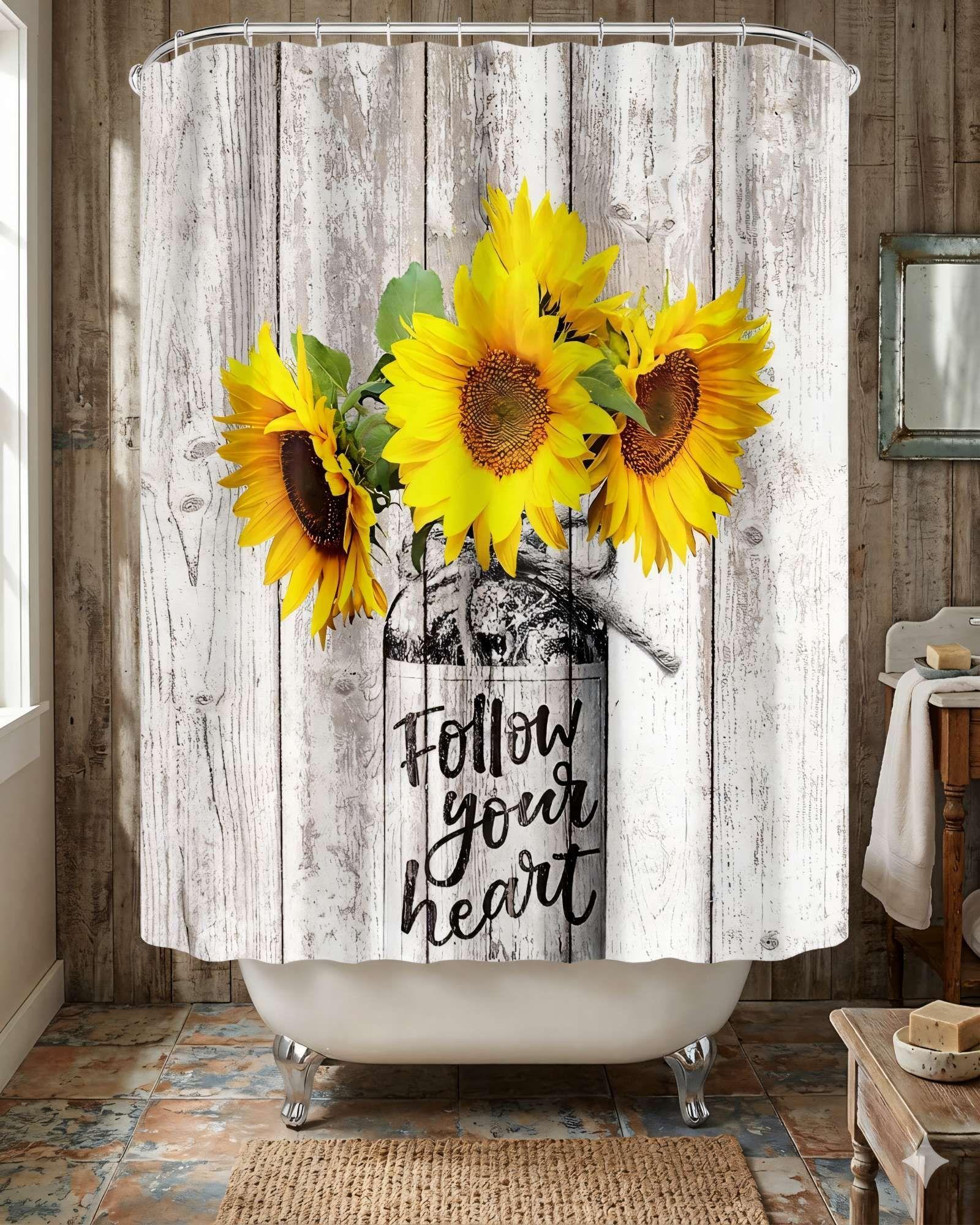 CORTINA DE BAÑO DE TELA IMPERMEABLE MAS FORRO CON DISEÑO DE FLORES AMARILLA -2