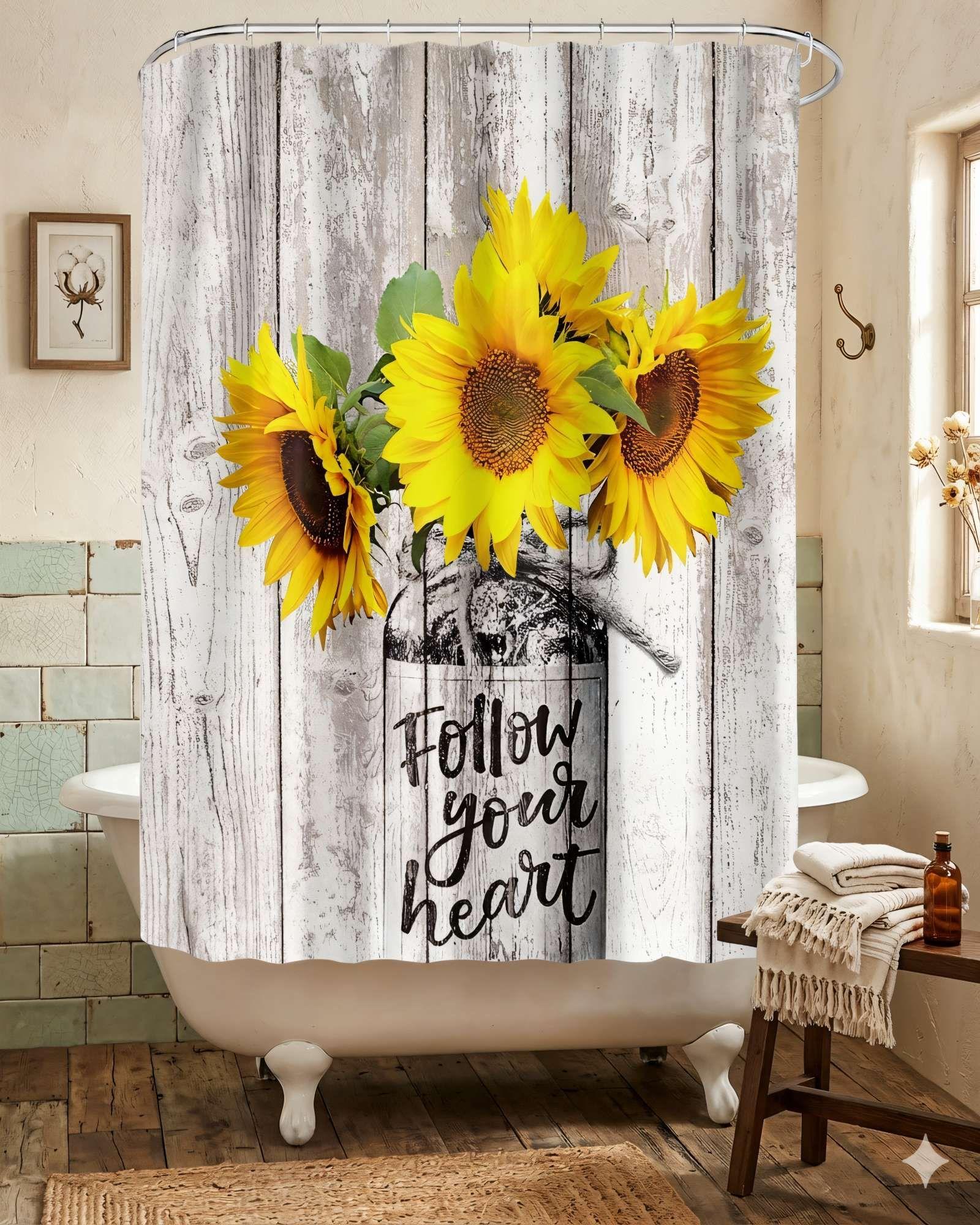 CORTINA DE BAÑO DE TELA IMPERMEABLE MAS FORRO CON DISEÑO DE FLORES AMARILLA -3