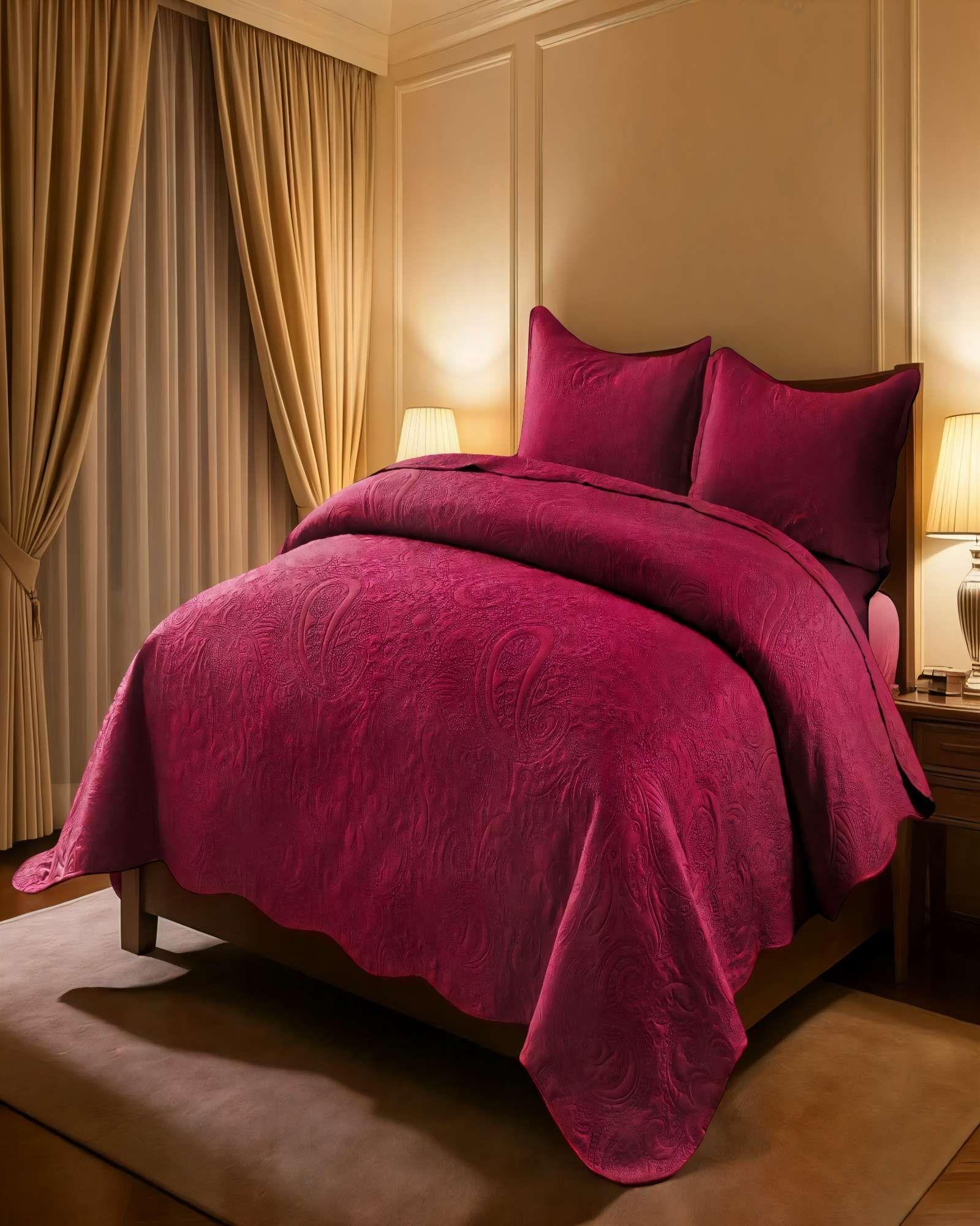 CUBRECAMA QUILT DE VERANO 2 PLAZAS CON RELIEVE COLOR ROJO-3