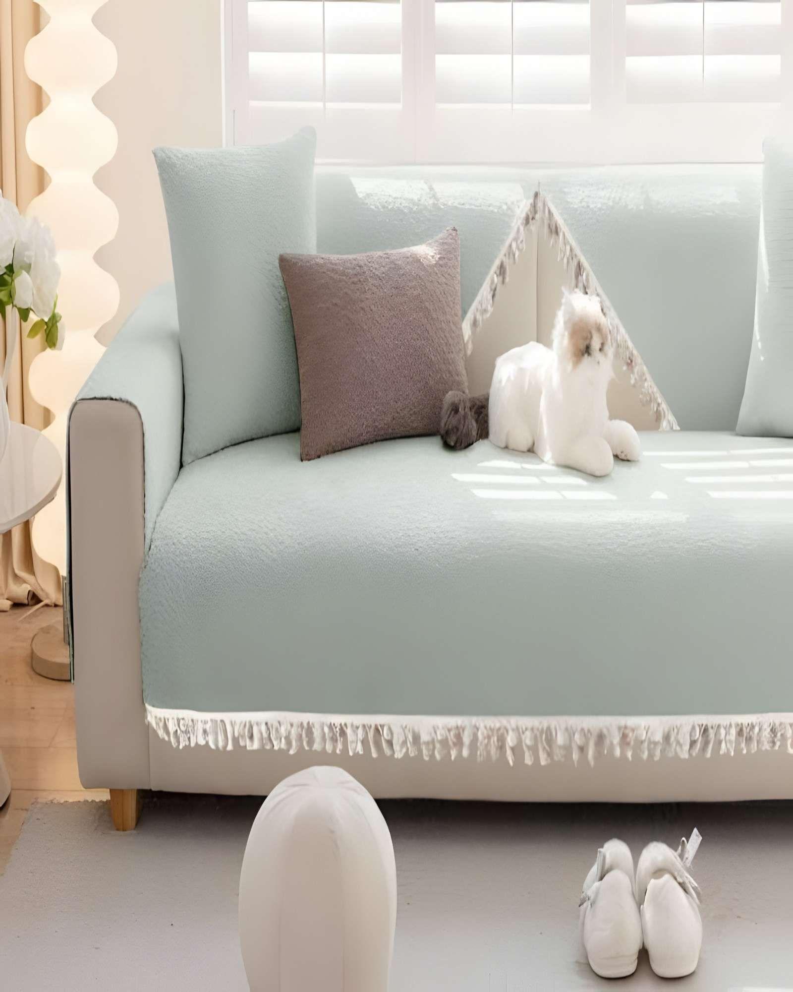 FUNDA PARA SOFA DE 5 PIEZAS CON FLECOS VERDE MENTA-2