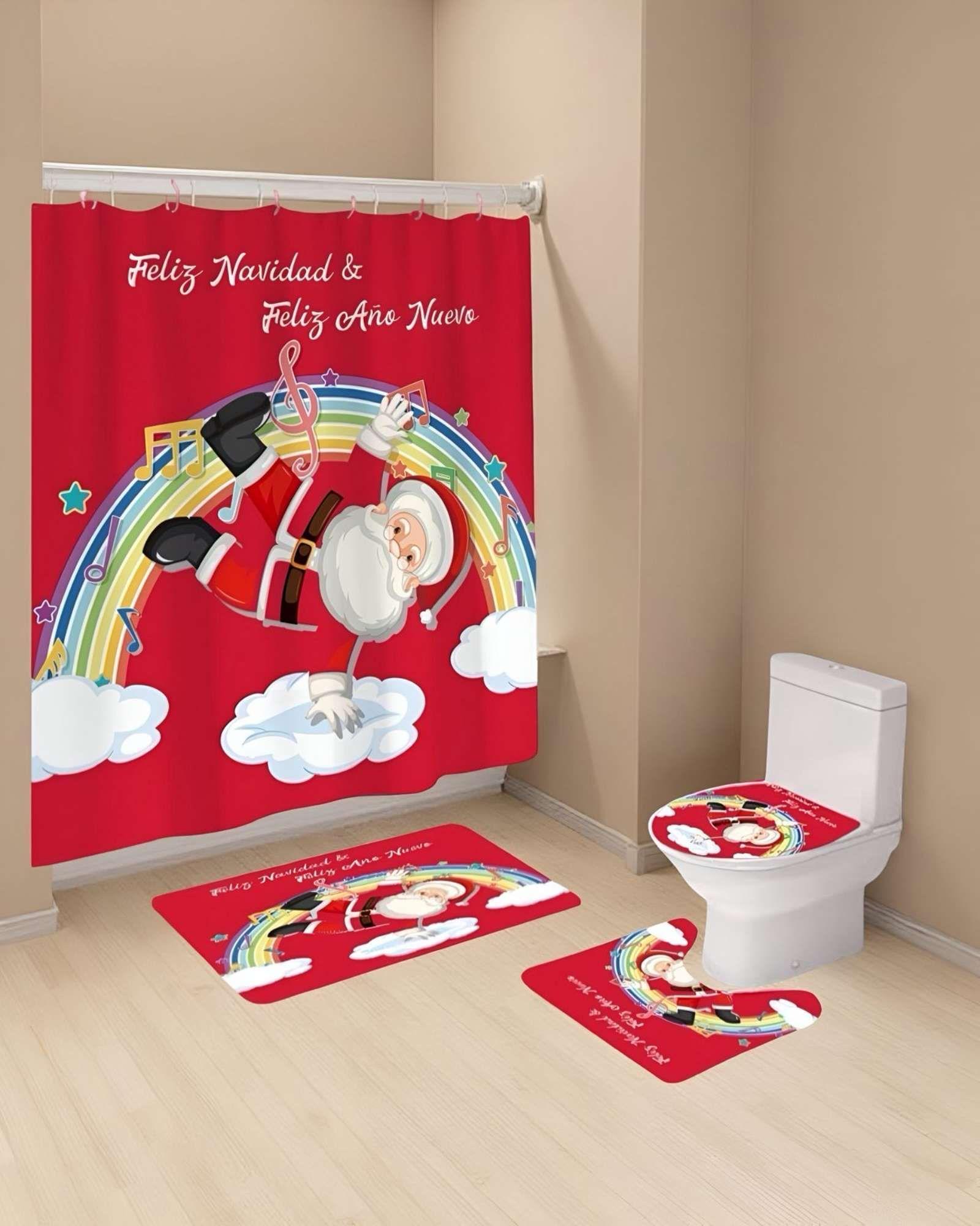 SET 4 PIEZAS CORTINA DE BAÑO Y ALFOMBRAS DISEÑO NAVIDEÑO TF05-2