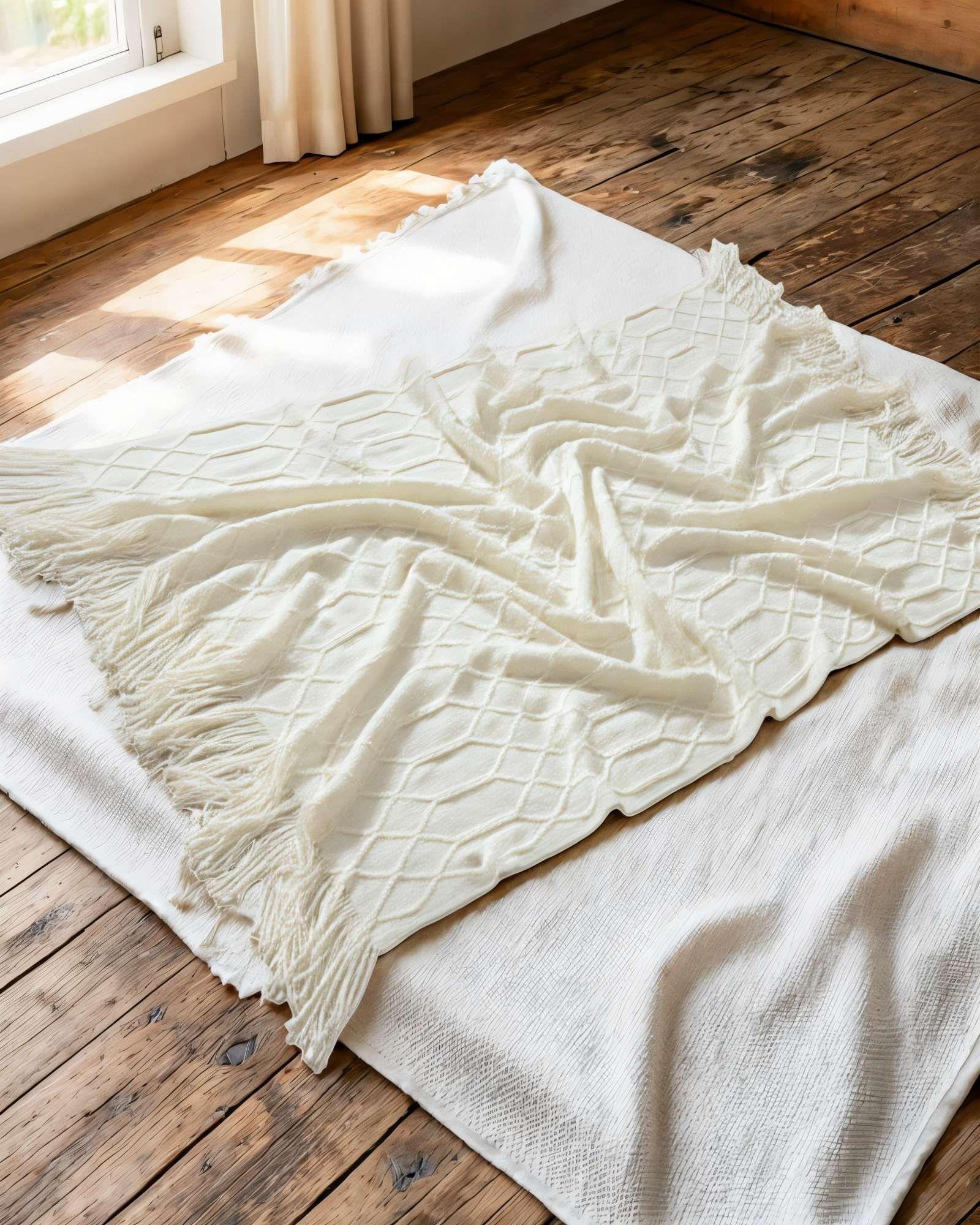 MANTA DECORATIVA CON FLECOS Y TEJIDO DE ROMBOS EN RELIEVE COLOR BLANCO-2