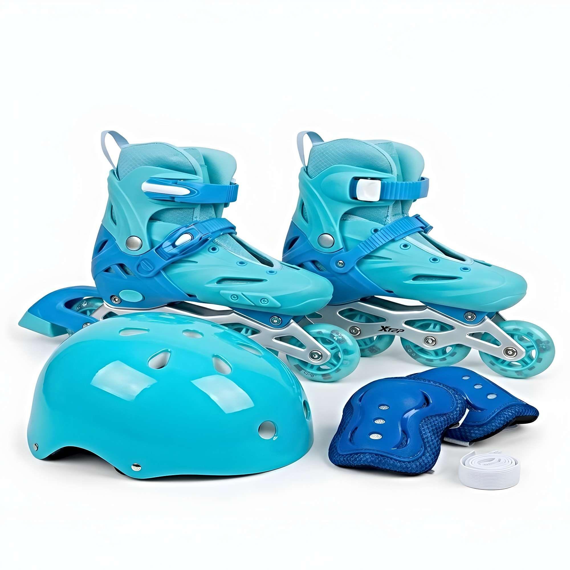 KIT  DE PATINES CON CASCO Y PROTECCIONES TALLA M (35-38) CELESTE-2