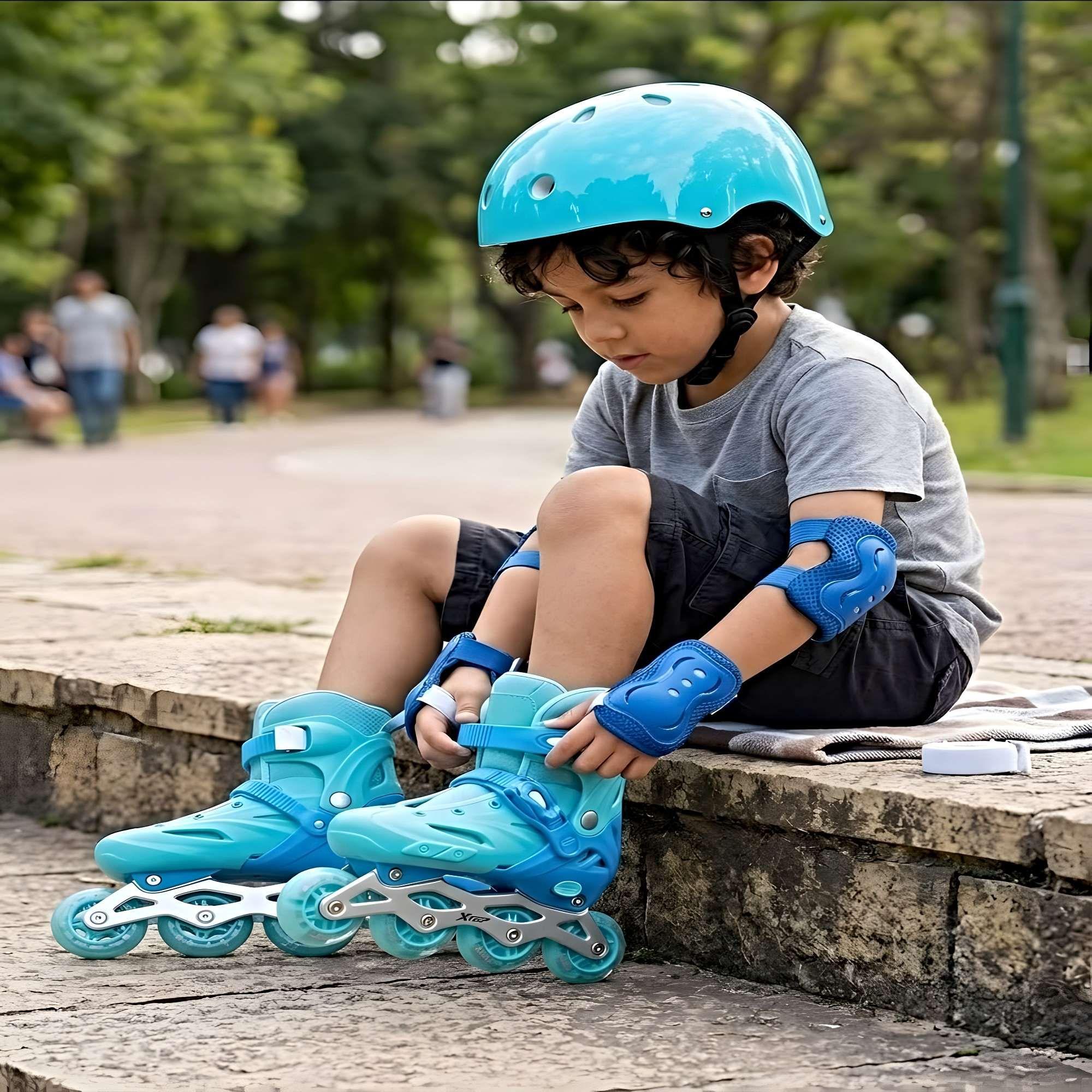 KIT  DE PATINES CON CASCO Y PROTECCIONES TALLA M (35-38) CELESTE-3