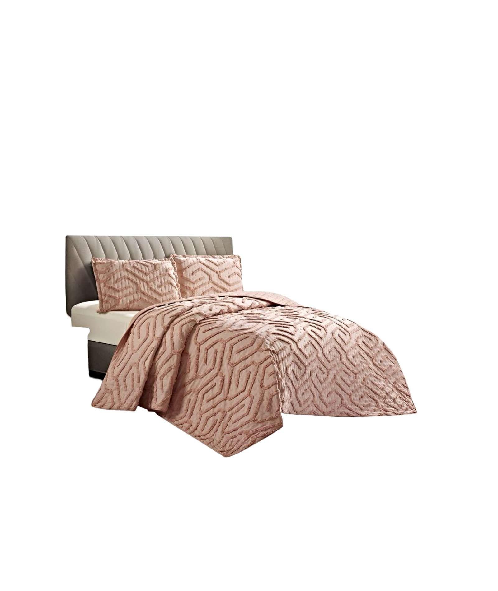 CUBRECAMA QUILT CON DISEÑO RELIEVE PLAZA Y MEDIA ROSADO-0