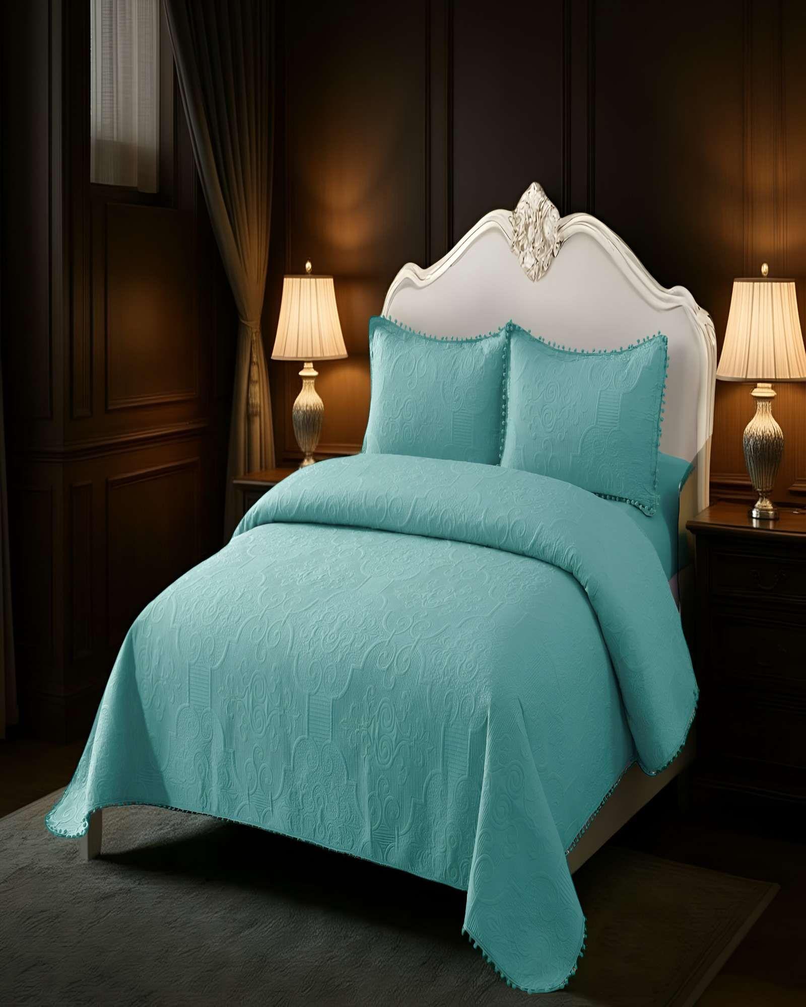 CUBRECAMA QUILT DE VERANO KING CON POMPON COLOR TURQUESA-2
