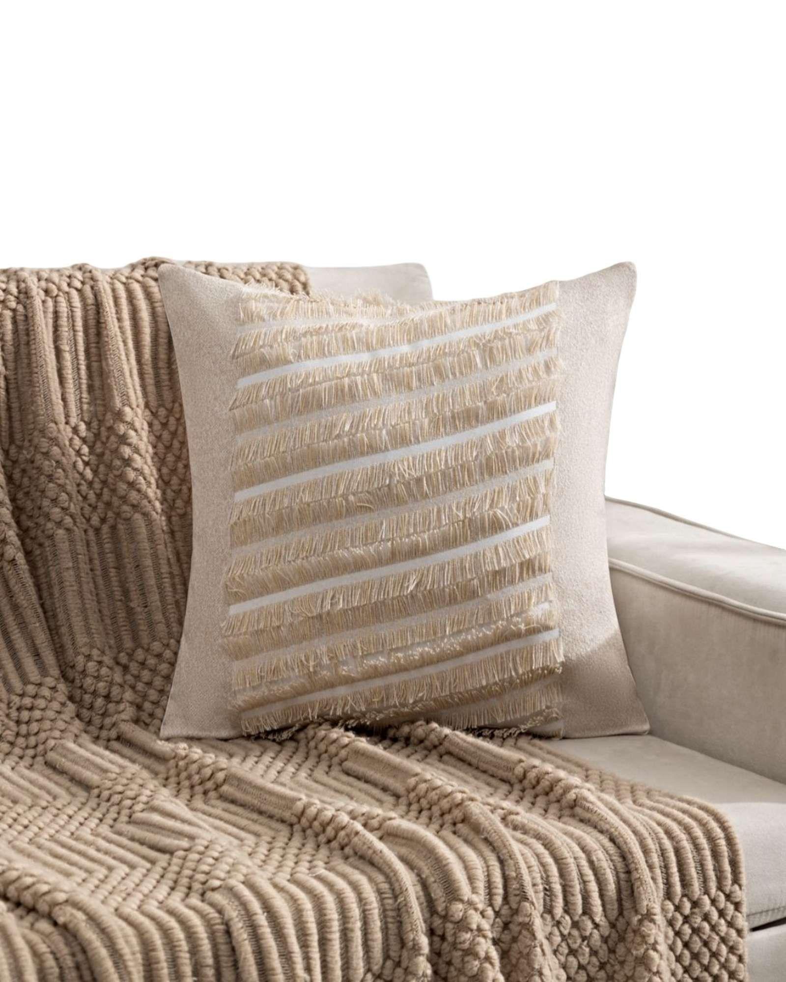 SET DE 4 FUNDAS DE COJIN CHENILLE CON FLECOS BEIGE-1