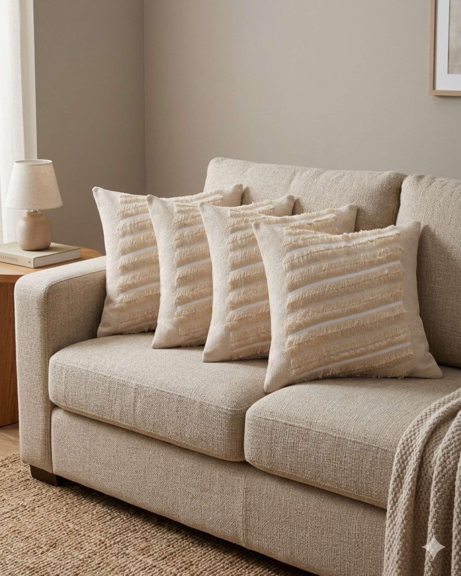 SET DE 4 FUNDAS DE COJIN CHENILLE CON FLECOS BEIGE-2