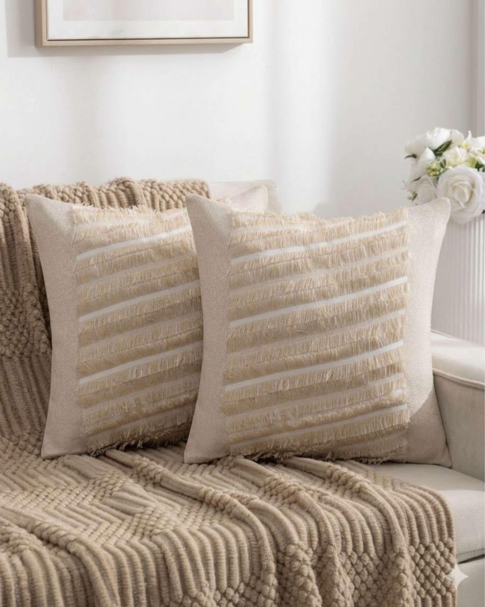 SET DE 2 FUNDAS DE COJIN CHENILLE CON FLECOS BEIGE-2