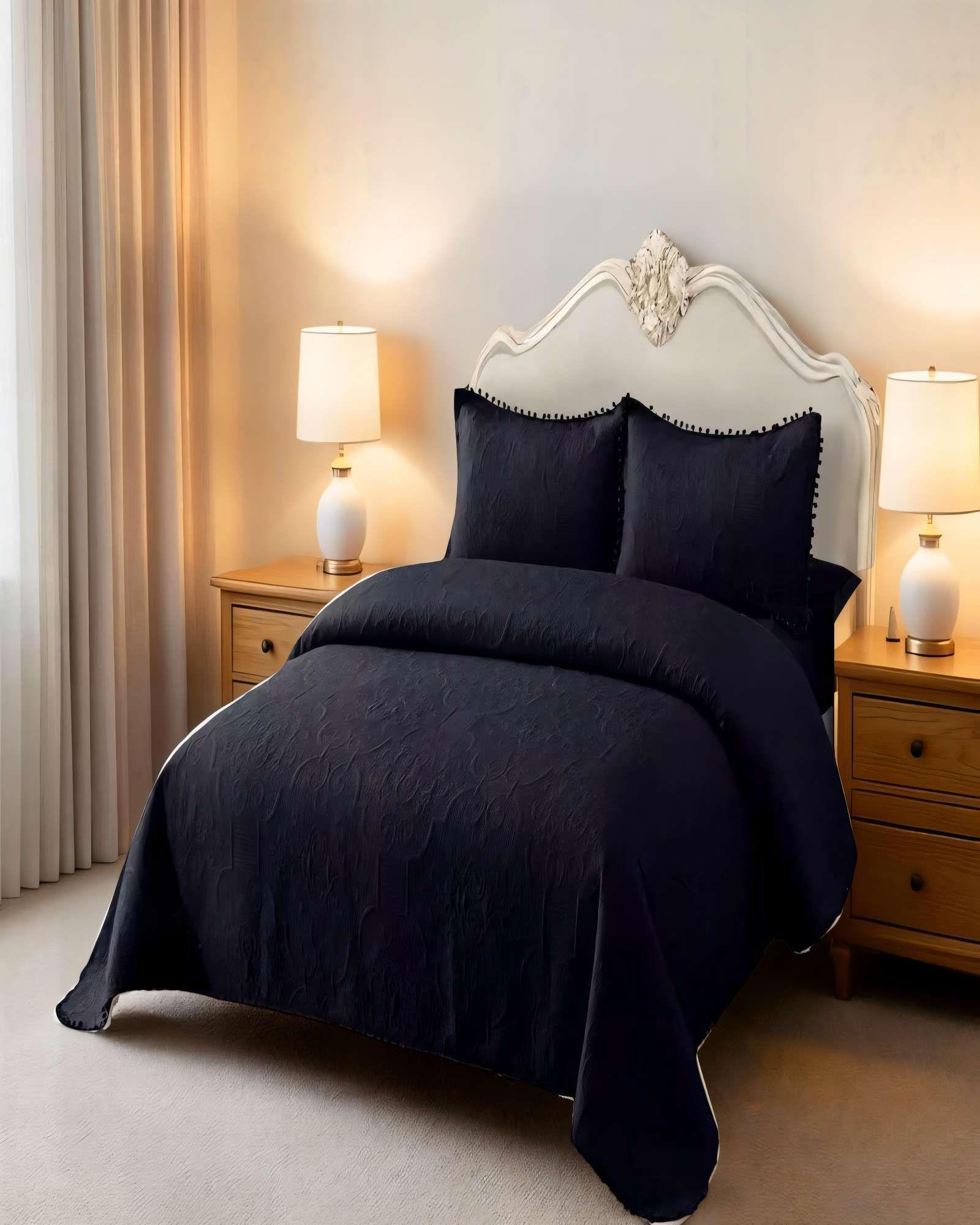 CUBRECAMA QUILT DE VERANO 2 PLAZAS CON POMPON COLOR NEGRO-2