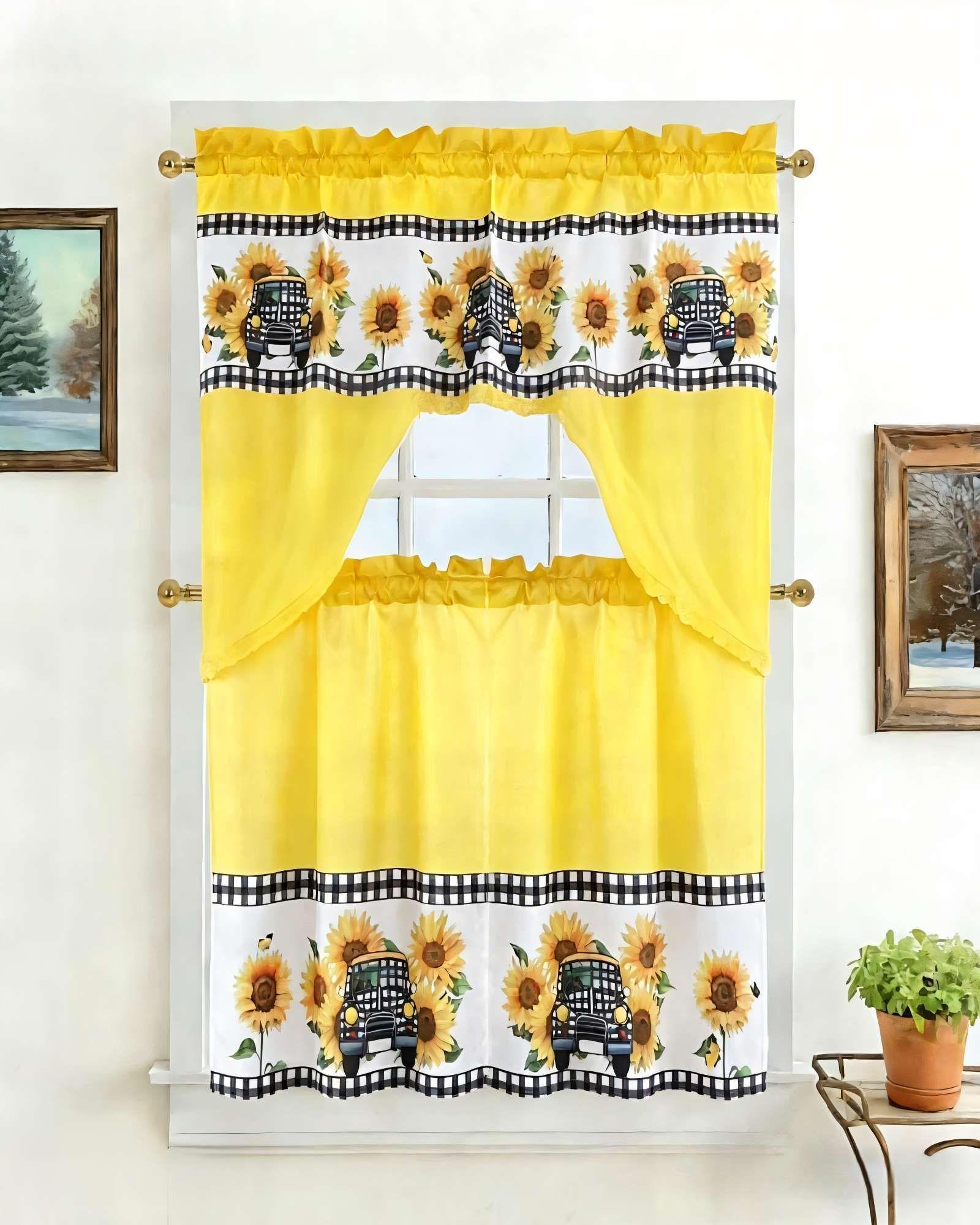SET 3 PIEZAS CORTINA PARA COCINA CON DISEÑO COLOR AMARILLO-2