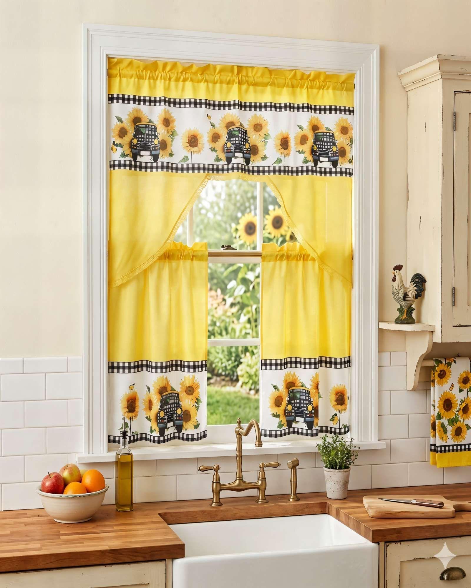 SET 3 PIEZAS CORTINA PARA COCINA CON DISEÑO COLOR AMARILLO-3