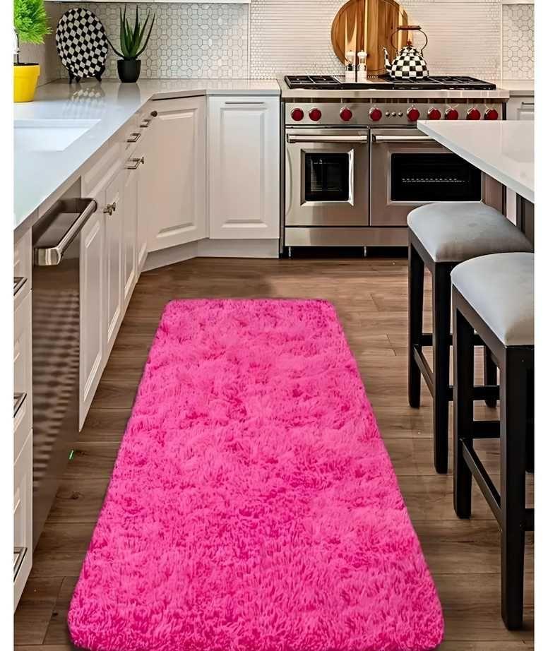 Juego por 2 Alfombra pasillera peluda liviana 70x150 ultra suave FUCSIA-2