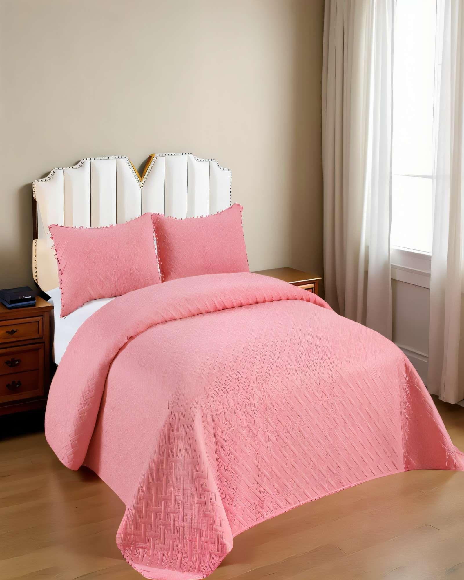CUBRECAMA DE VERANO UNICOLOR CON POMPON KING COLOR ROSADO-3