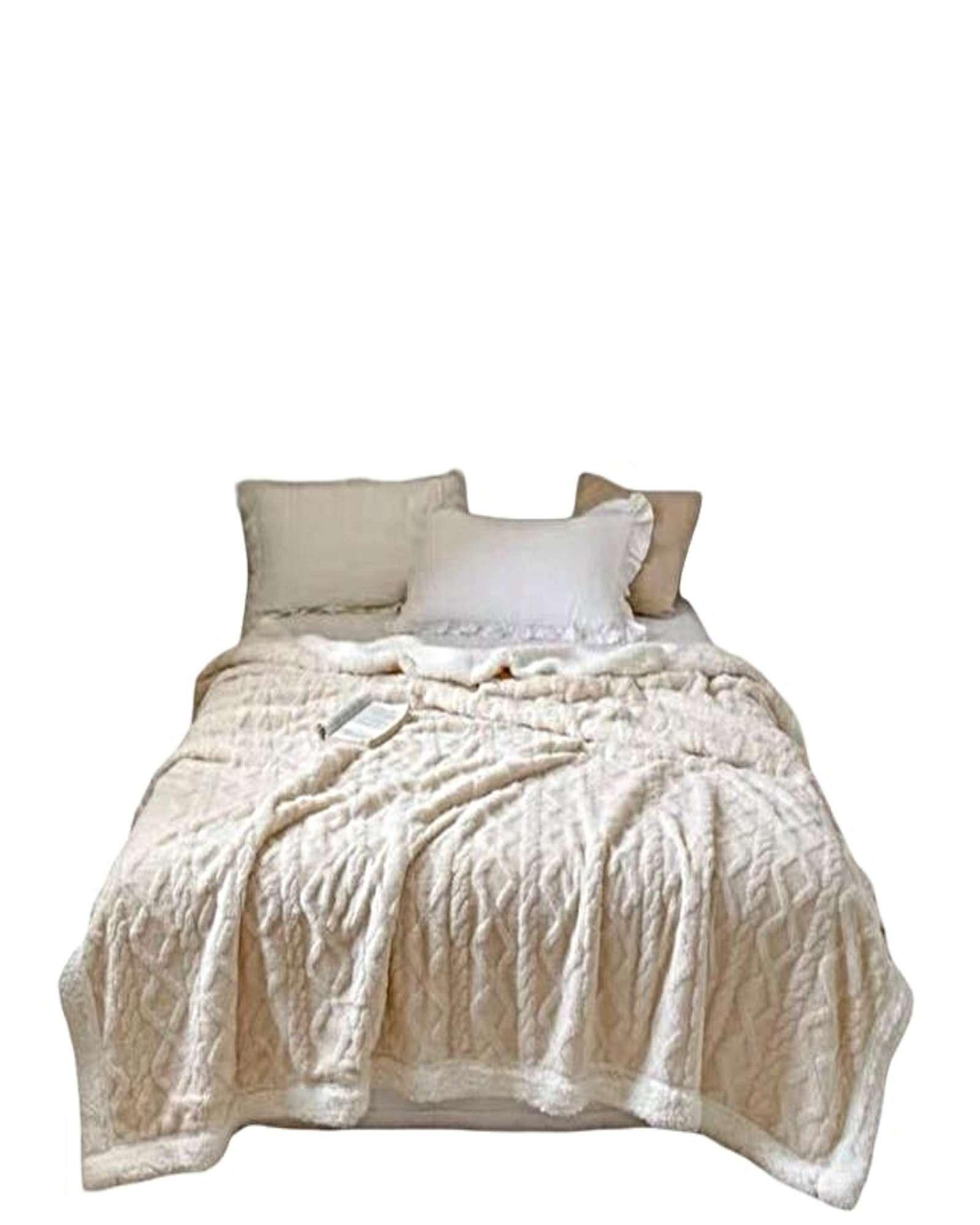 FRAZADA TEXTURIZADA 2 PLAZAS CON REVERSO EN SHERPA PREMIUM BEIGE CLARO-0