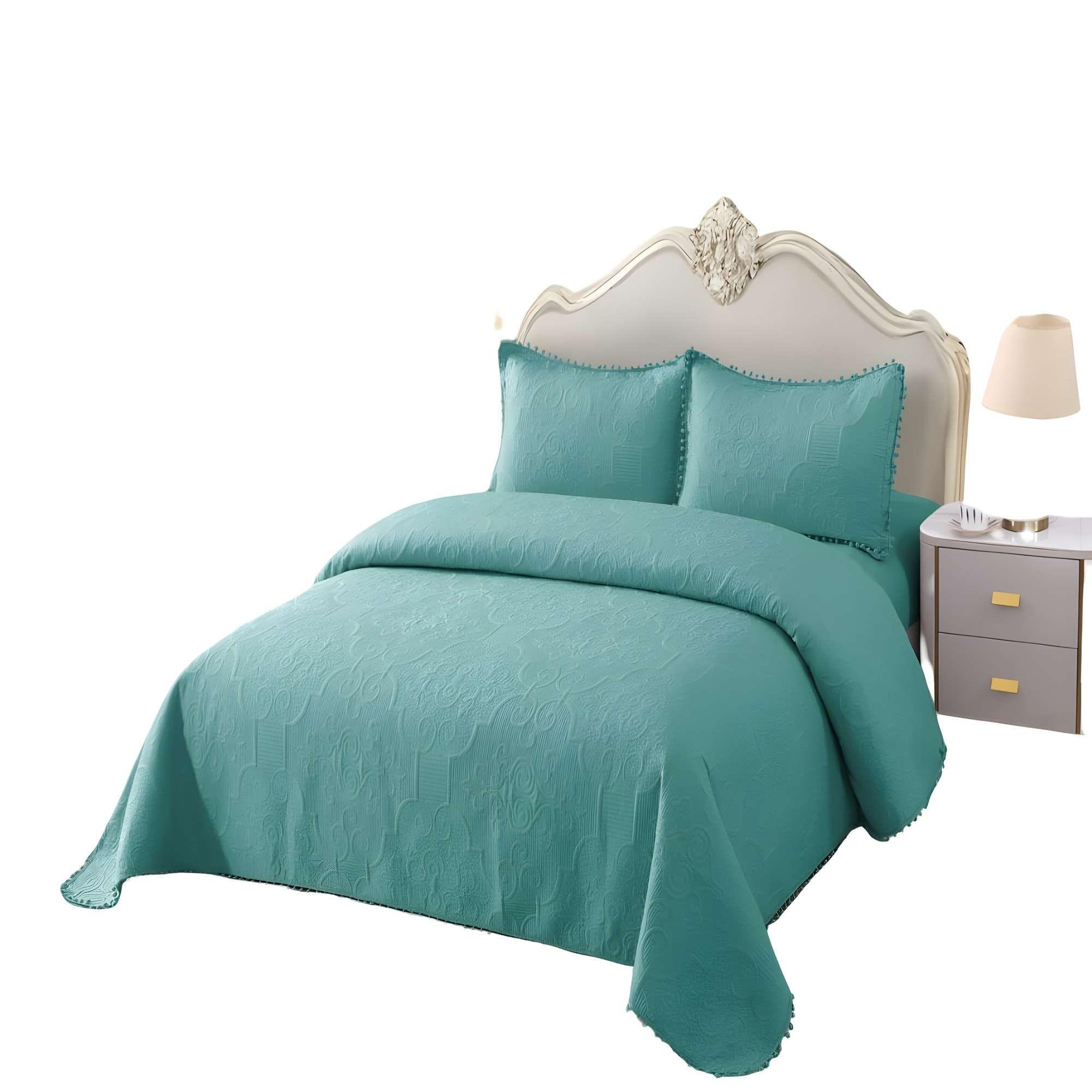 CUBRECAMA CON POMPONES 2 PLAZA COLOR TURQUESA-3