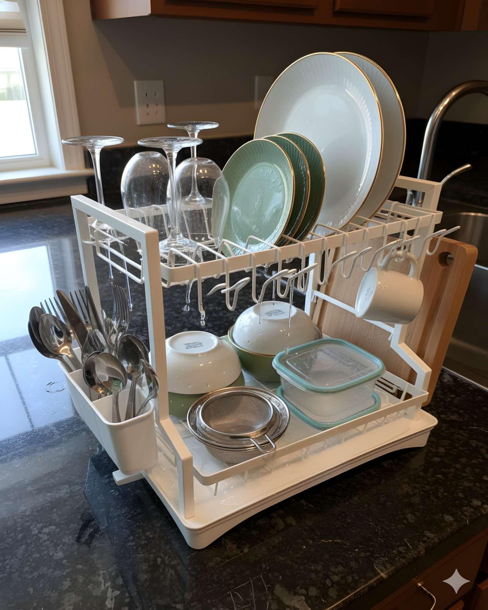 Escurridor de Platos Minimalista de 2 Niveles Blanco Mate-2