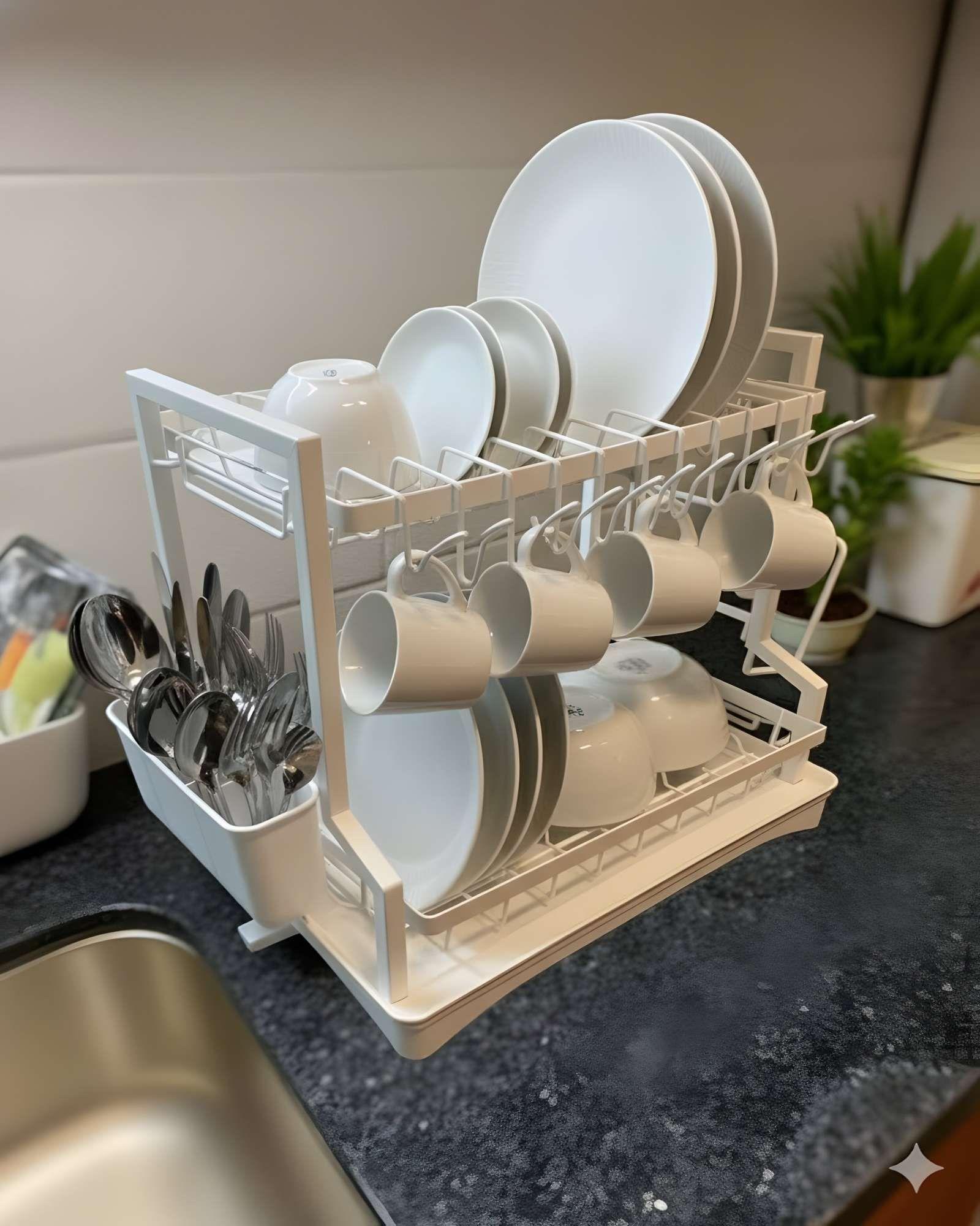 Escurridor de Platos Minimalista de 2 Niveles Blanco Mate-3