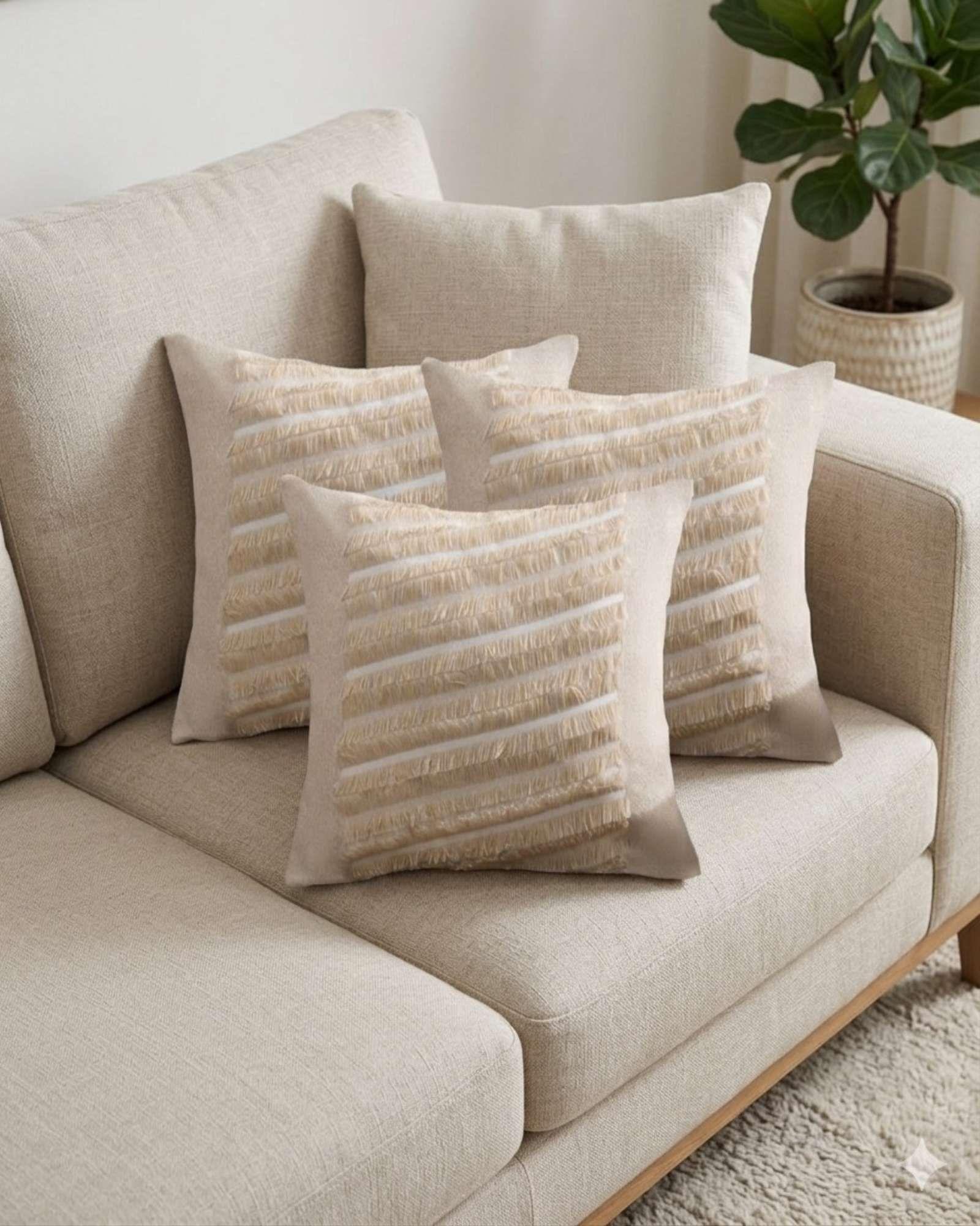 SET DE 3 FUNDAS DE COJIN CHENILLE CON FLECOS BEIGE-2